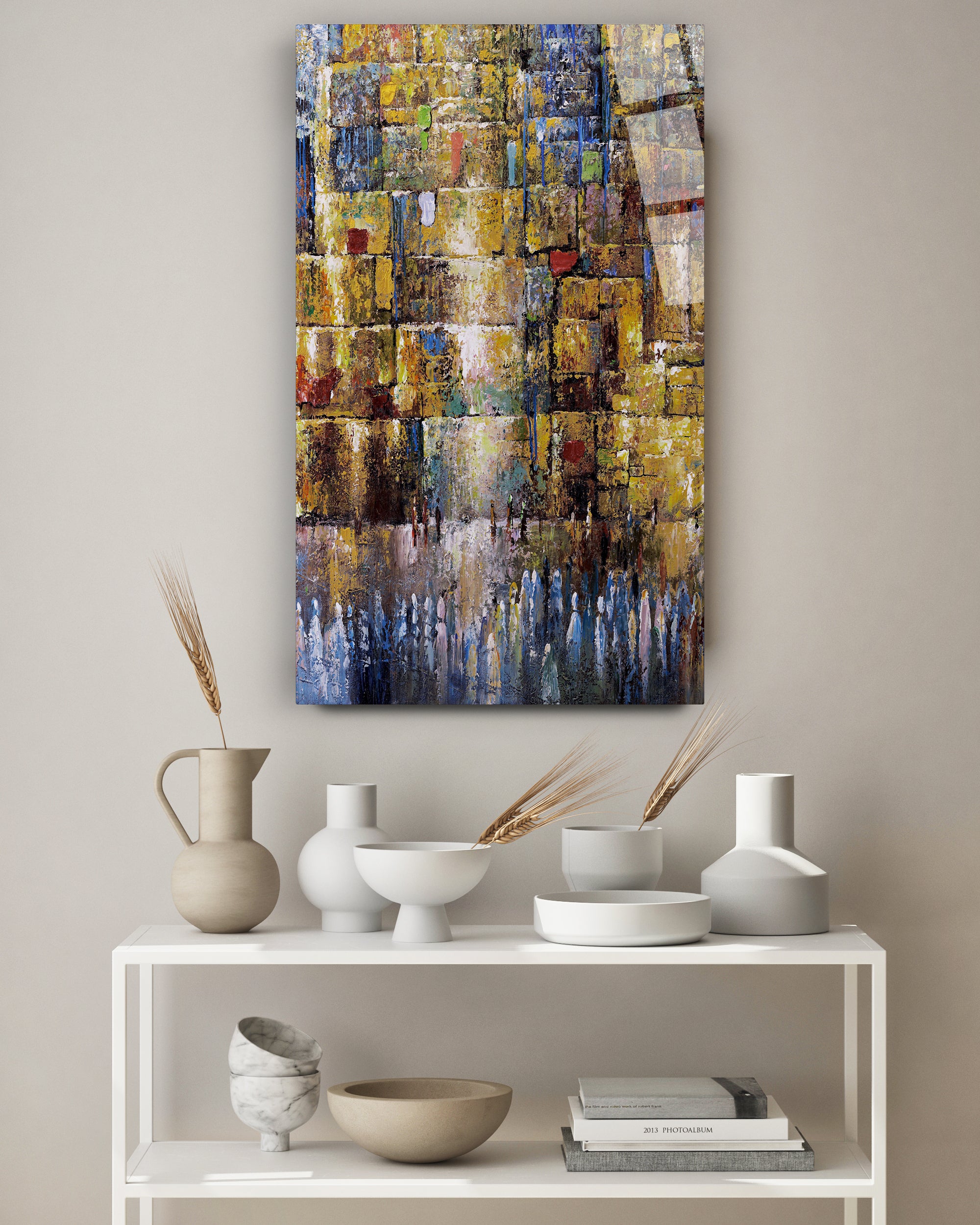 The Western Wall - Abstract Jerusalem Art Print by Yossi Bitton displayed on a white shelf with vases, highlighting its ready-to-hang feature.