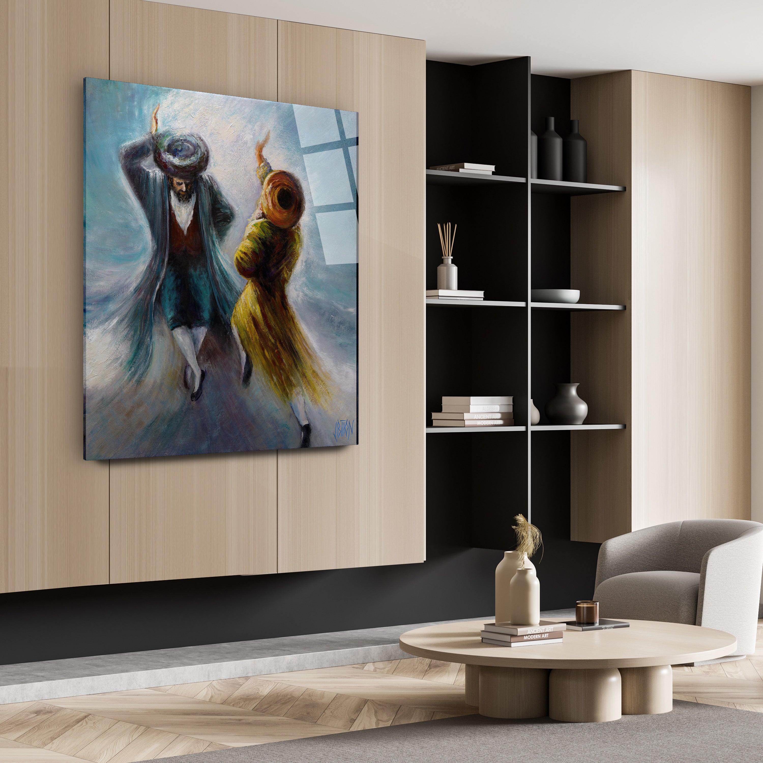 Purple and Blue Chassidic Dance Print by Yossi Bitton, showcasing two figures in a dynamic dance, displayed on a wall. Acrylic glass, vibrant Jewish art.