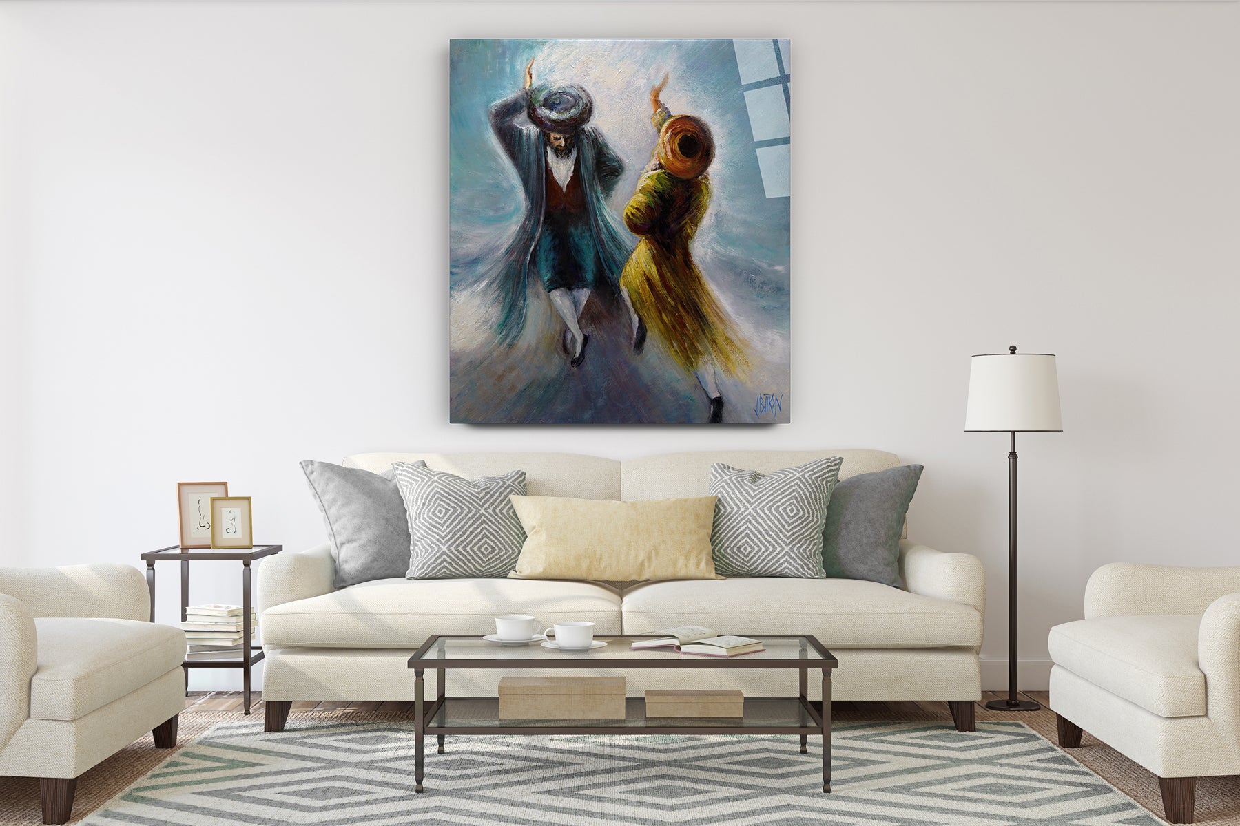 Purple and Blue Chassidic Dance Print by Yossi Bitton, featuring two dancers in a room, showcased on acrylic glass for vibrant Jewish wall art.