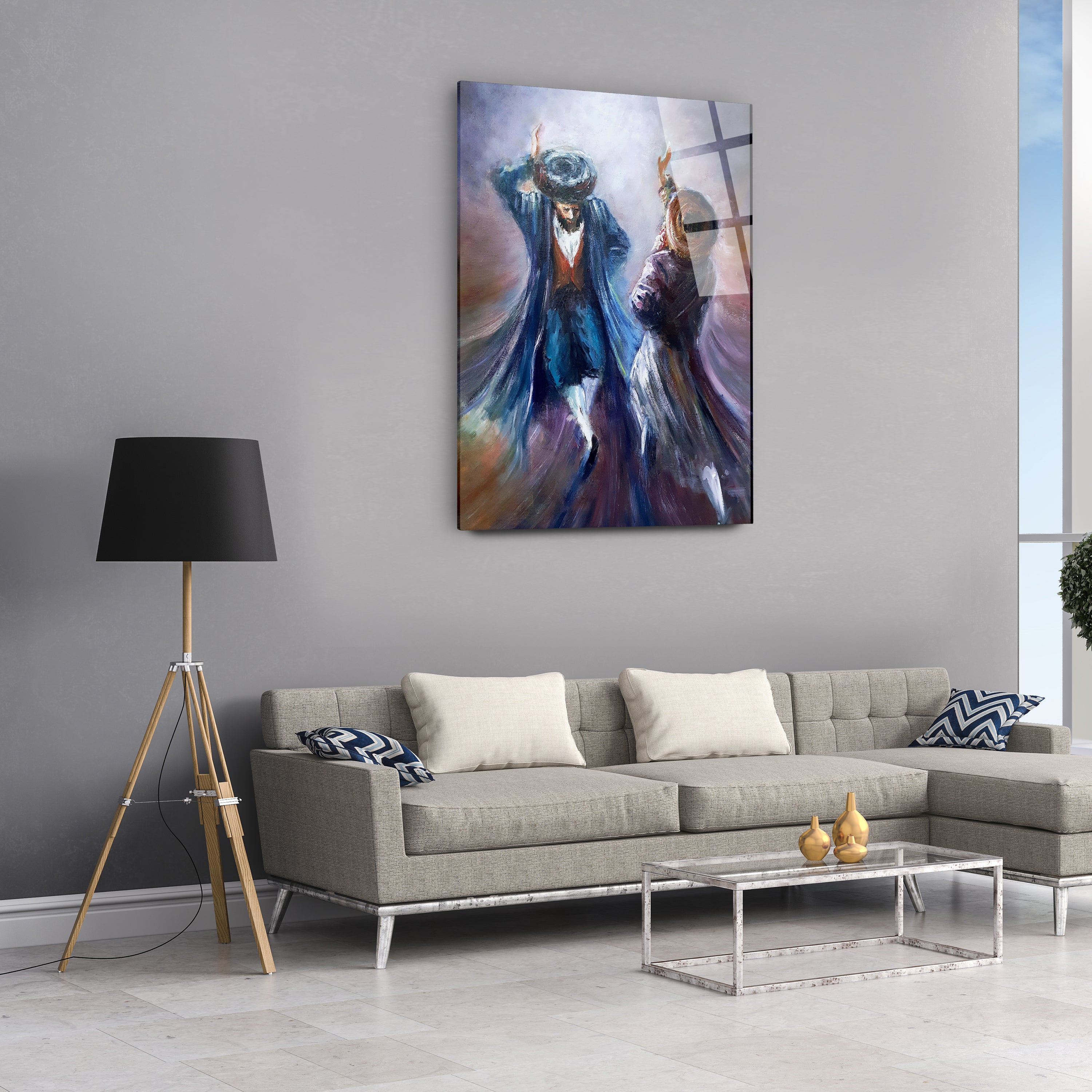Colorful Chassidic Dance Art Print by Yossi Bitton displayed on a wall above a couch, showcasing vibrant Jewish dance in acrylic glass, ready to hang.