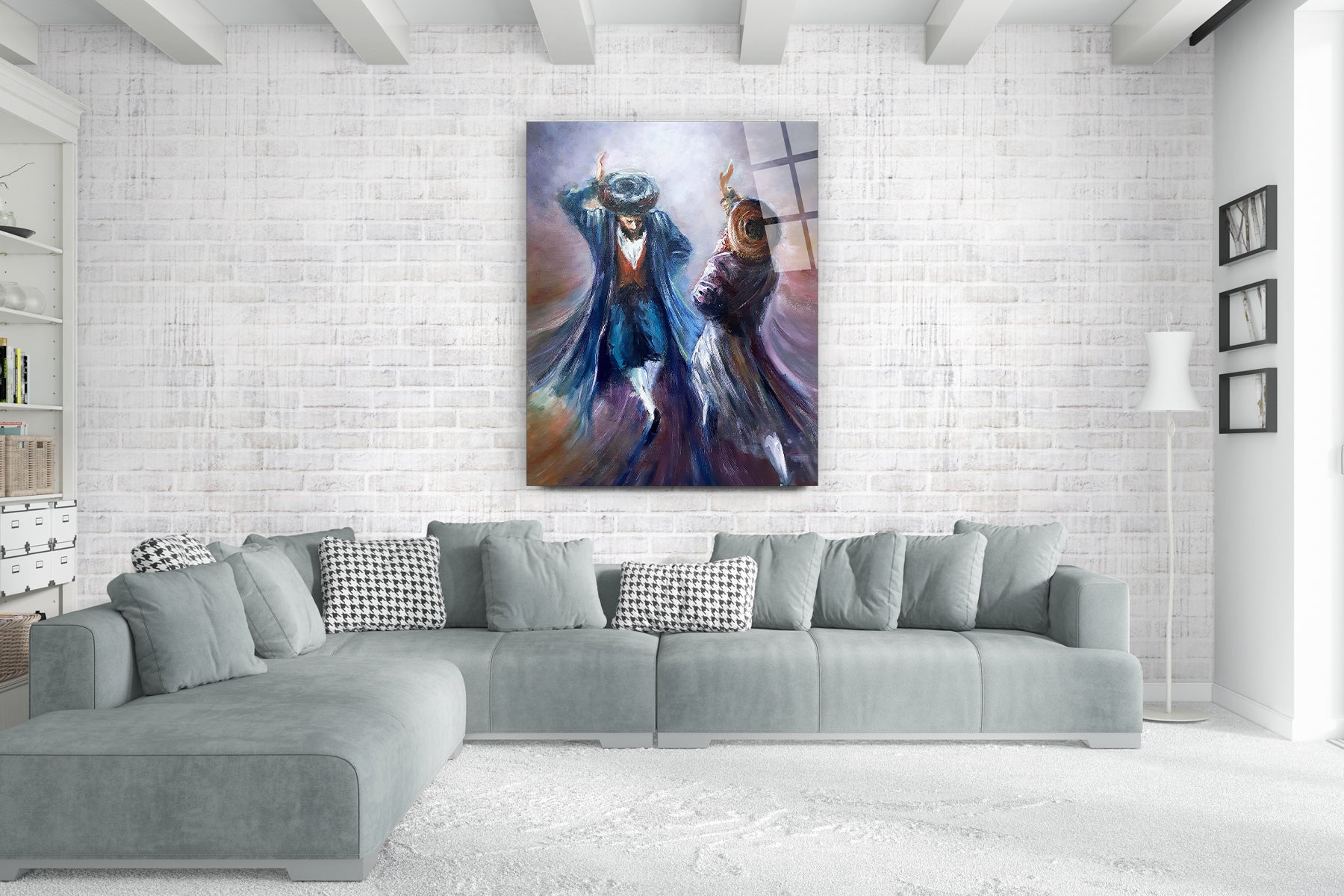 Colorful Chassidic Dance Art Print by Yossi Bitton, showcasing vibrant Jewish dance, displayed above a modern couch with black and white pillows.