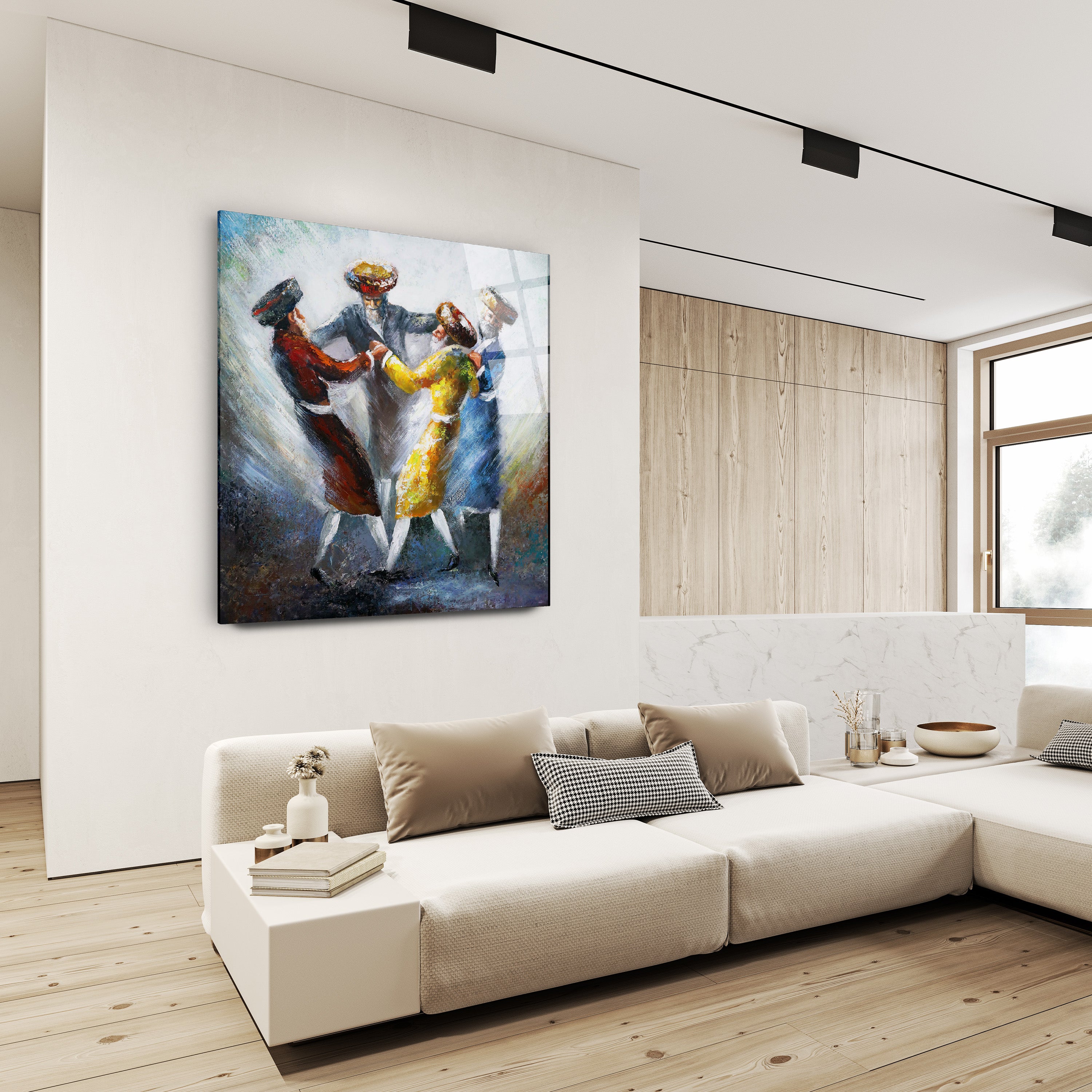 Dveykus: Colorful Chassidic Dance - Modern Jewish Art Print by Yossi Bitton on a wall above a couch, showcasing vibrant spiritual dance themes.