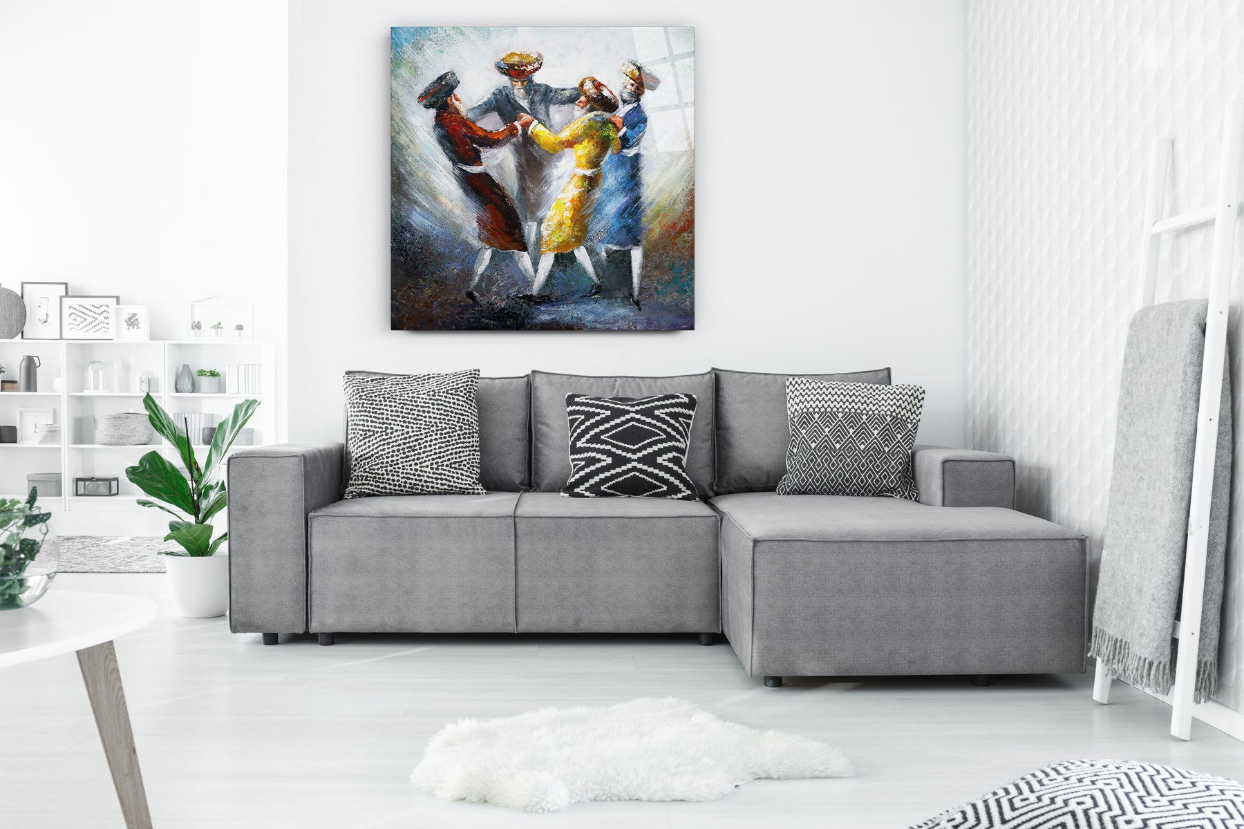 Dveykus: Colorful Chassidic Dance by Yossi Bitton, a vibrant acrylic print depicting joyful Jewish figures in spiritual unity, enhancing any living space.