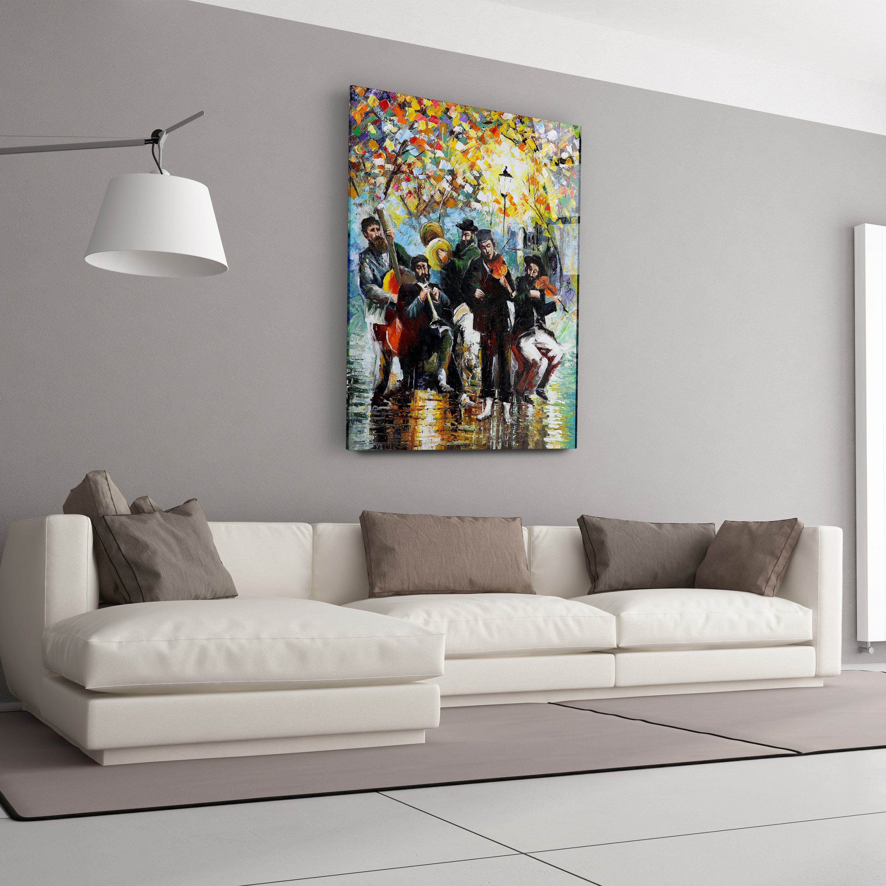 Holy Melodies: Jewish Band Street Performance - Yossi Bitton's Colorful Jewish Art Print on a wall above a white couch with a brown pillow.