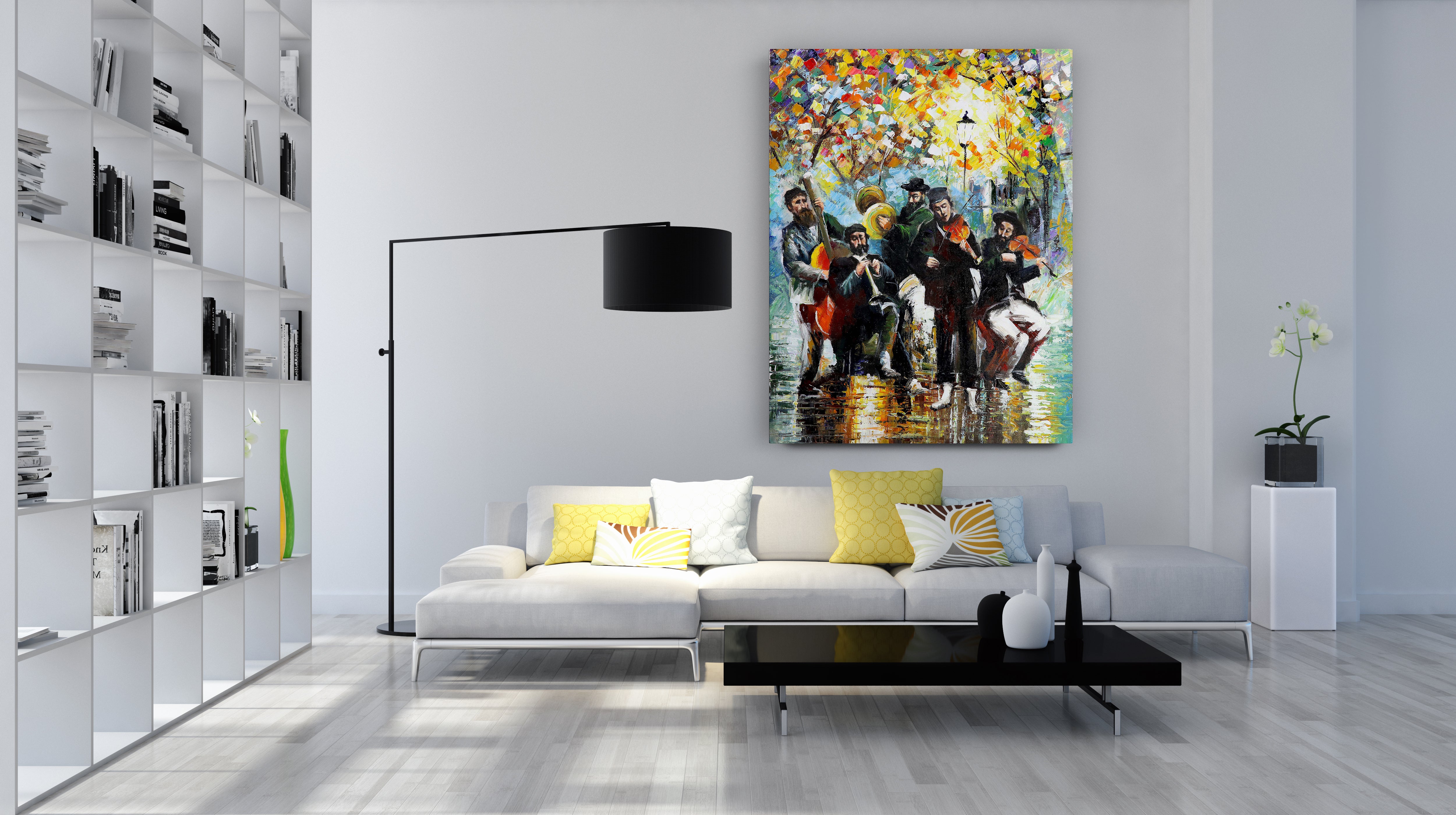Holy Melodies: Jewish Band Street Performance art print by Yossi Bitton, showcasing a lively Jewish band under a colorful tree, enhancing modern Jewish decor.