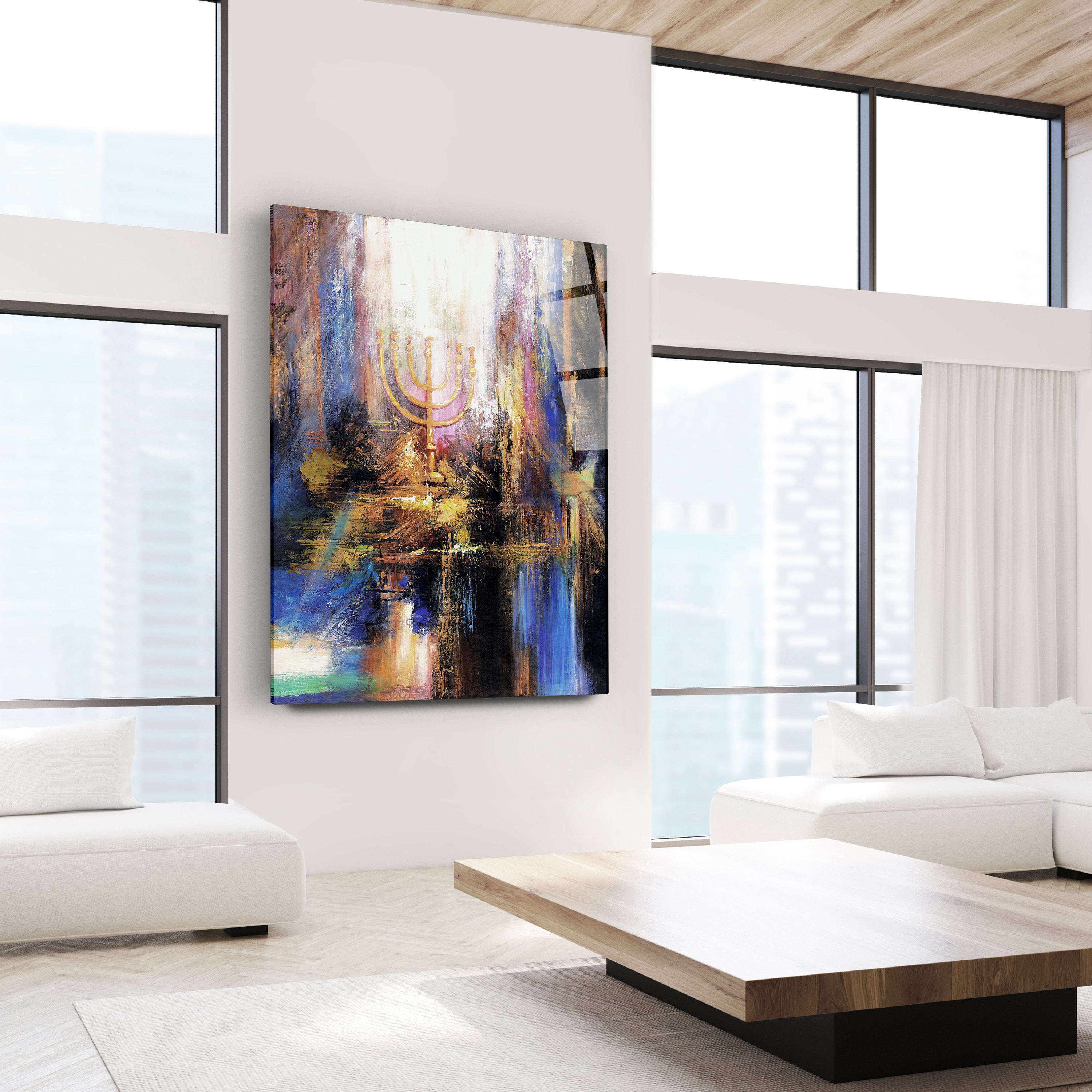 The Mishkan - Menorah in the Tabernacle Art Print by Yossi Bitton displayed in a living room setting, highlighting its historical and religious significance.