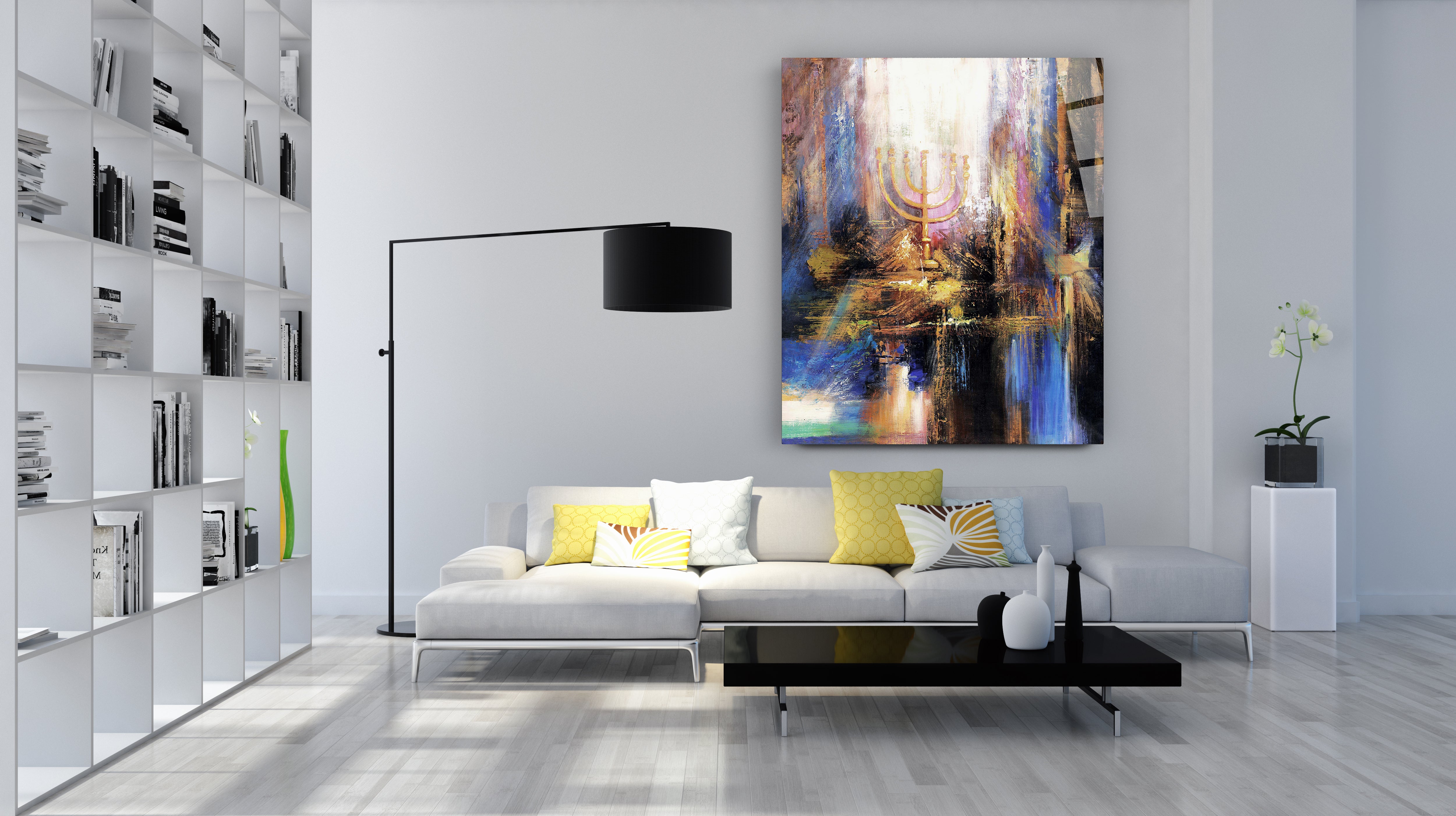 The Mishkan - Menorah in the Tabernacle Art Print by Yossi Bitton, displayed in a living room setting, captures the historical and spiritual essence of Jewish heritage.