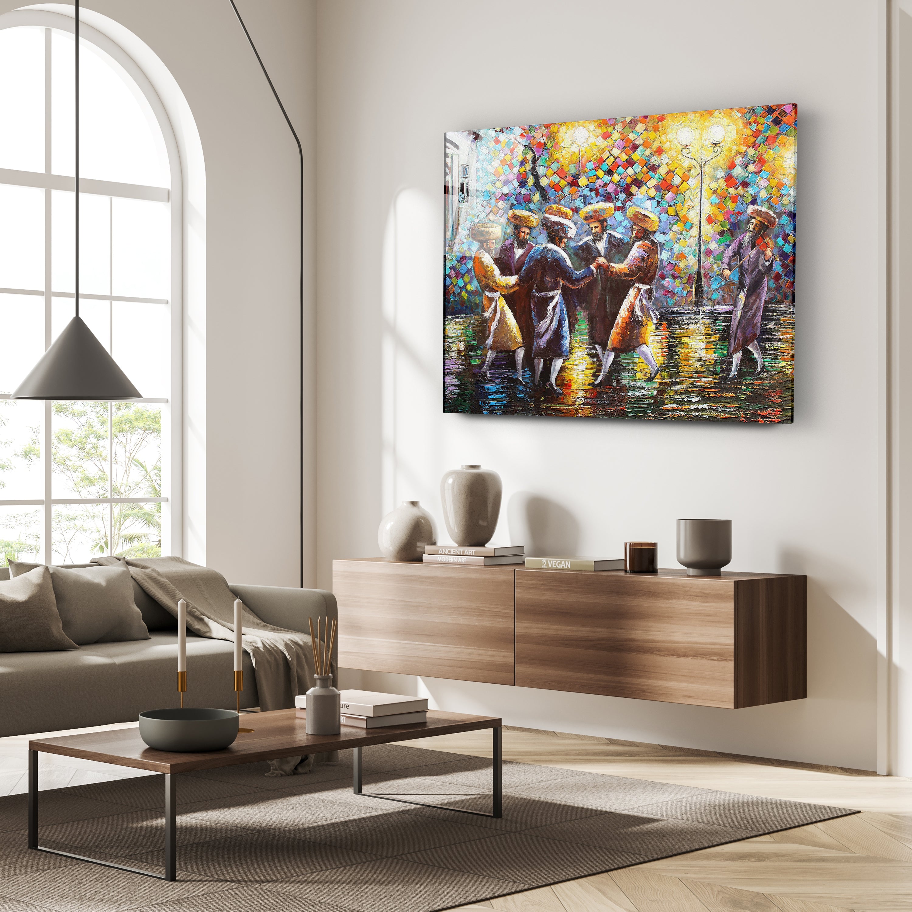 Chassidic Street Dance Art Print by Yossi Bitton, showcasing joyful Chassidim dancing, vibrant Jewish culture, acrylic glass, ready to display.