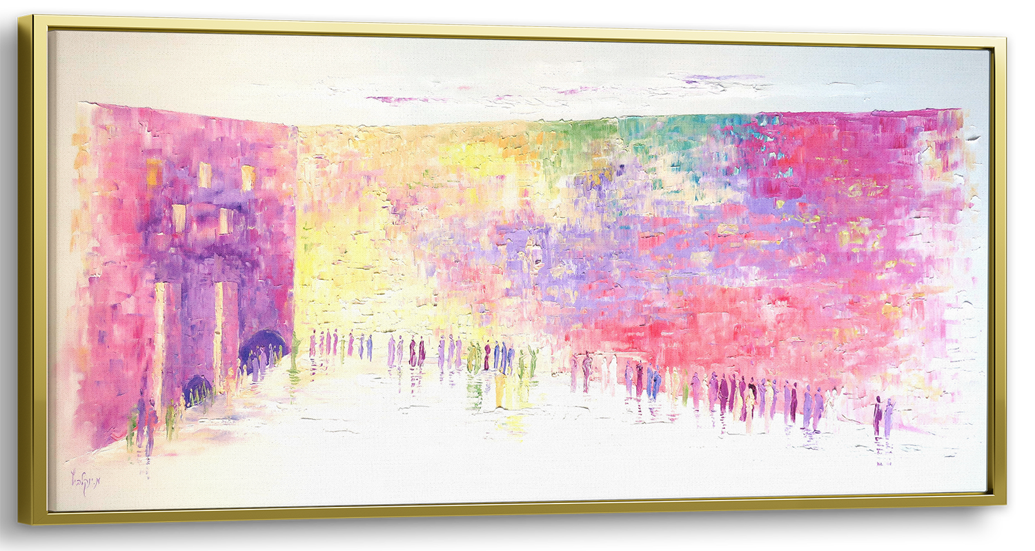 50x24 Western Wall Abstract - Pink & White, Judaica Art, depicting an abstract interpretation of people at the Western Wall, blending tradition with modern artistry.