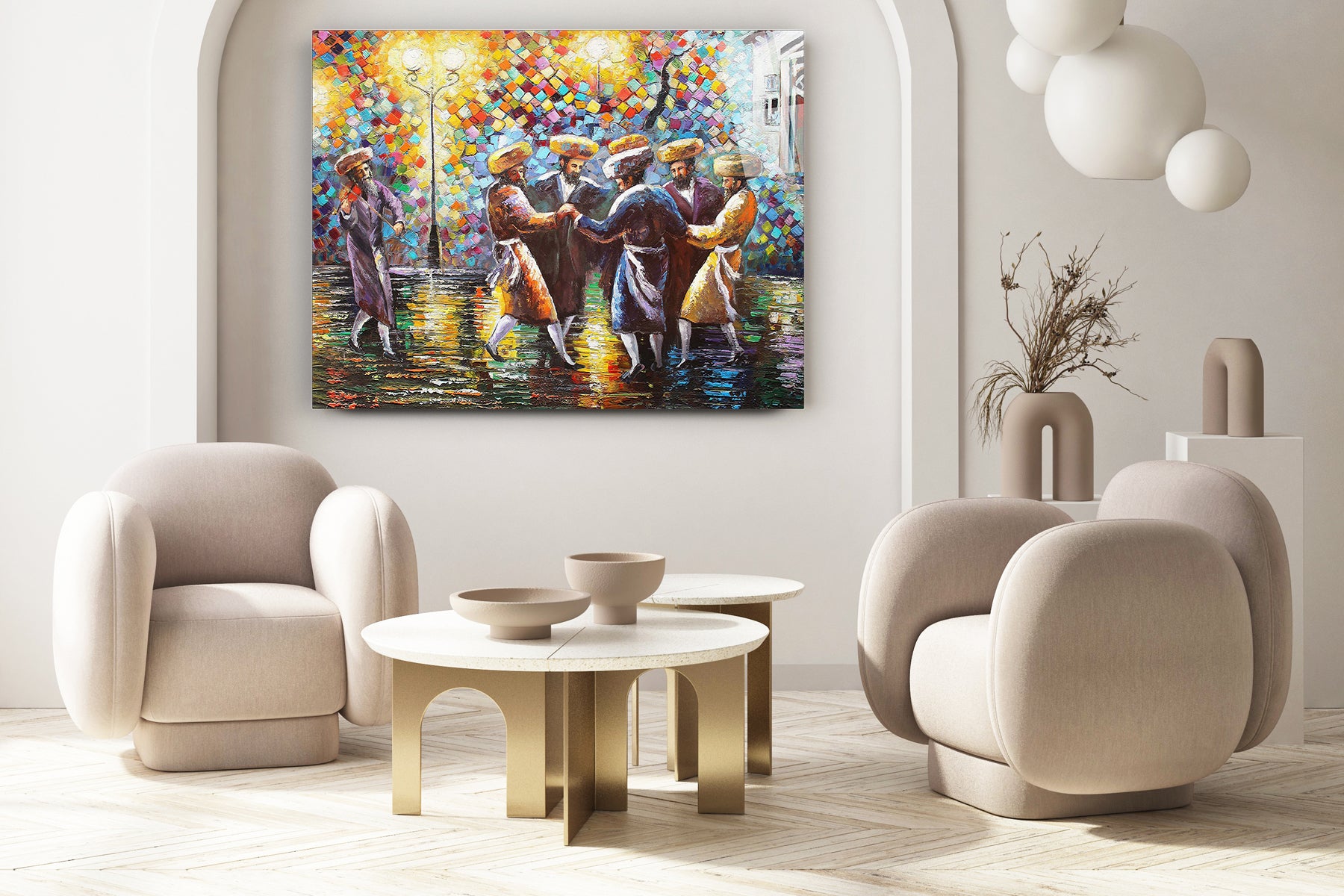 Chassidic Street Dance Art Print by Yossi Bitton, featuring joyful Chassidim dancing; vibrant Jewish wall art printed on acrylic glass, ideal for home display.