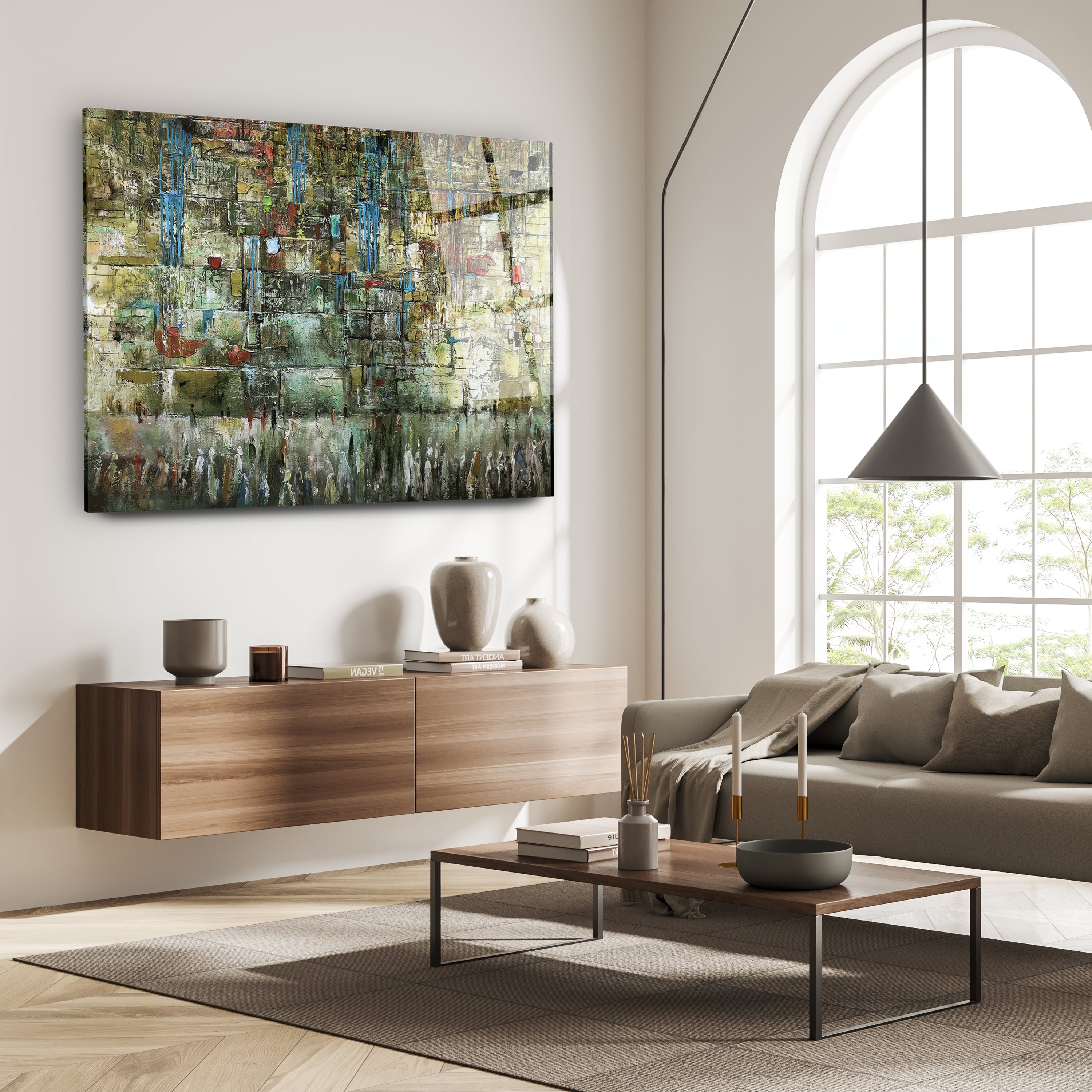 The Western Wall Metallic - Green Tones Abstract Art by Yossi Bitton displayed in a modern living room, featuring a large painting capturing Jerusalem's iconic wall.