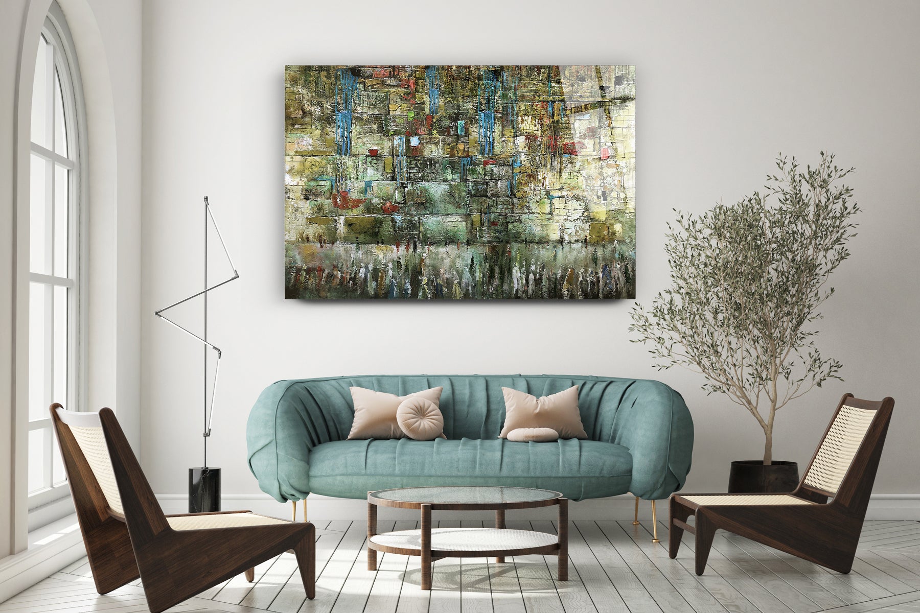 The Western Wall Metallic - Green Tones Abstract Art by Yossi Bitton displayed in a modern living room setting with a couch and coffee table.