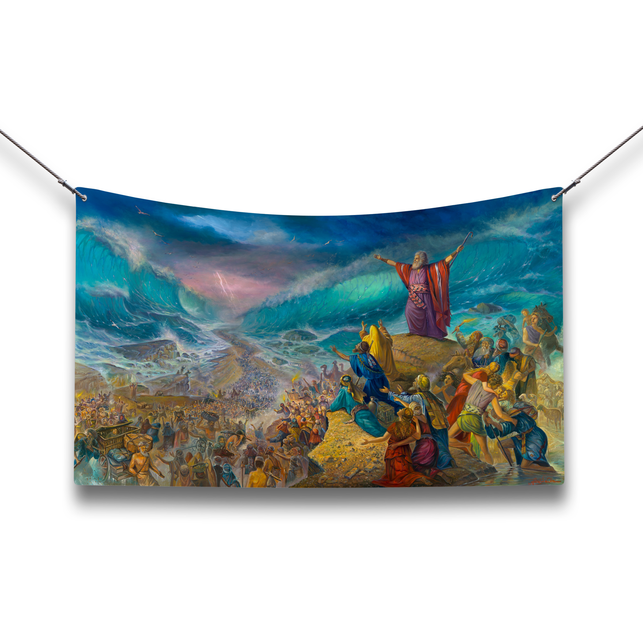 Alex Levin's Sea Crossing Fabric: A dramatic portrayal of Israel's sea crossing, ideal for Sukkah decor. Detailed figures and dynamic scenes on an 80x50-inch canvas.
