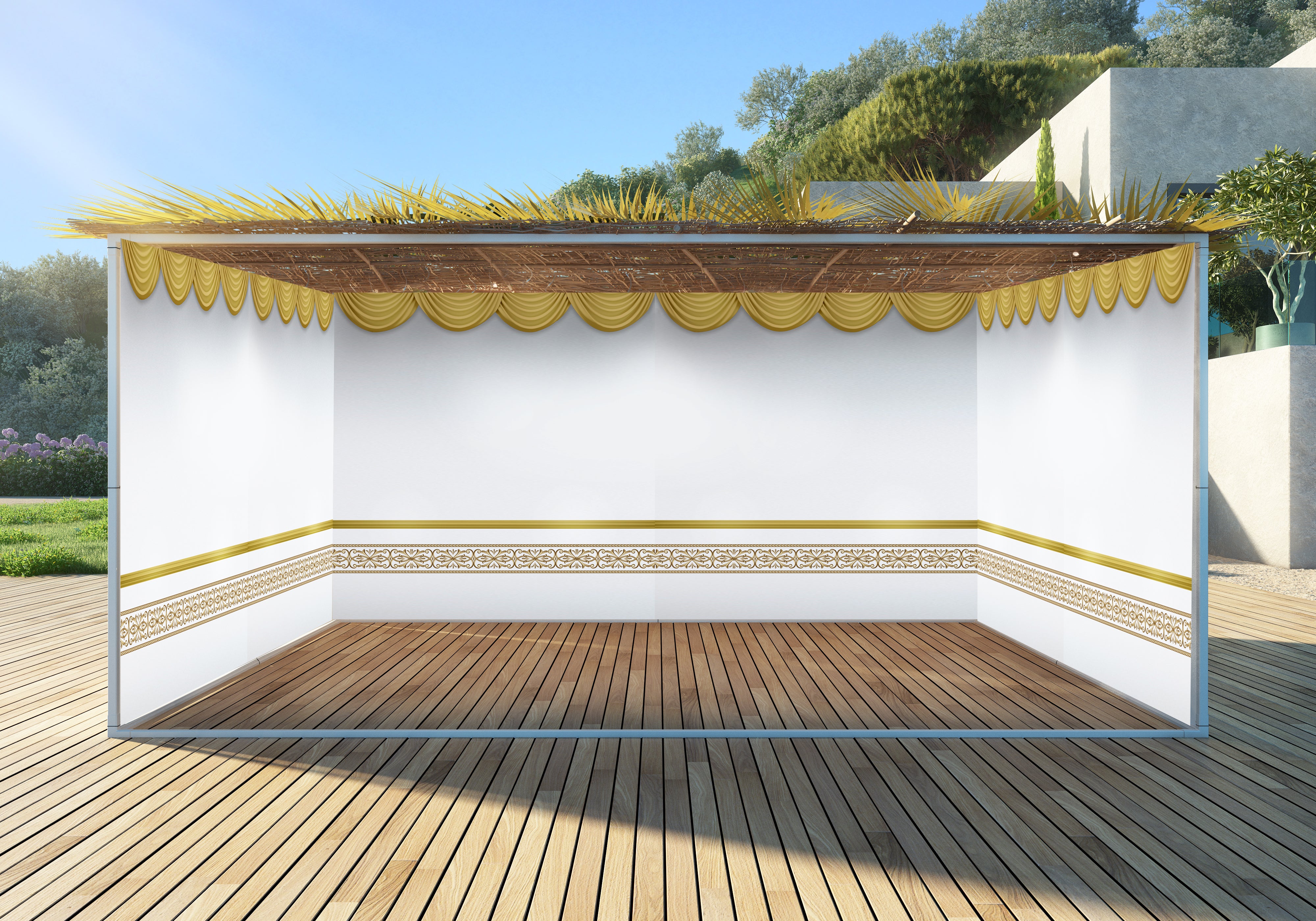 Customizable Sukkot Fabric showcasing a detailed wall design with a wooden floor backdrop, ideal for personalized sukkah decoration. UV and waterproof, featuring metal grommets for easy installation.