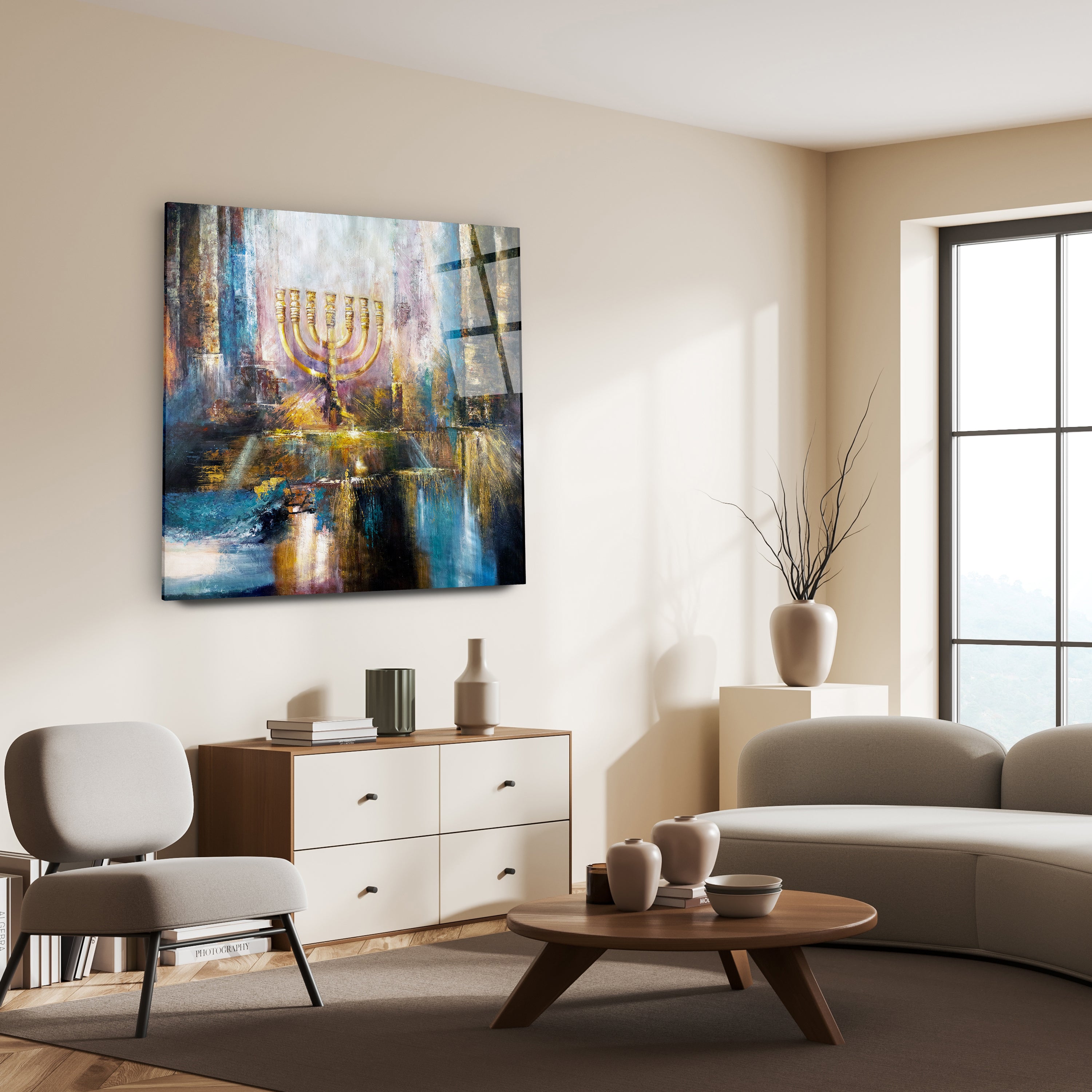 The Menorah - Modern Jewish Art Print by Yossi Bitton, showcasing an abstract Menorah design, perfect for enhancing Jewish-themed decor.