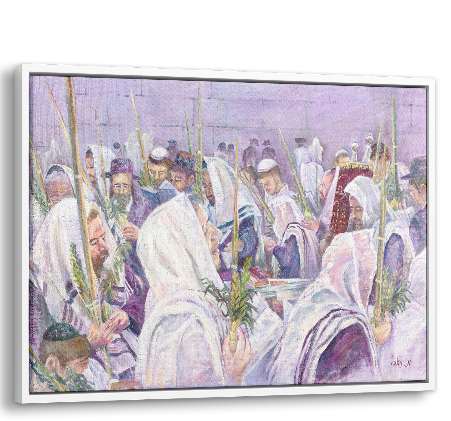 Hoshana Raba at Western Wall Art - 35x24 painting depicting worshipers in white robes with four species during prayers, celebrating Jewish culture and tradition.