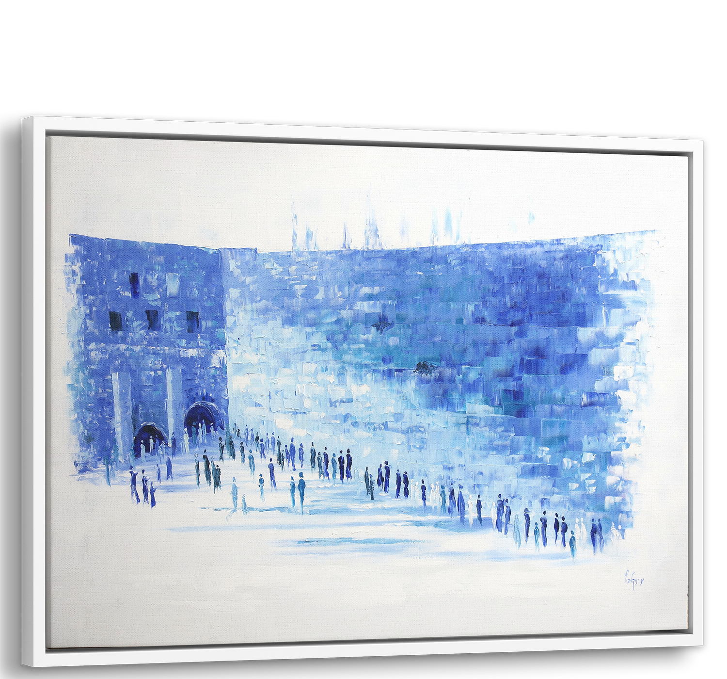 Western Wall in Blue & White - 40x28 Modern Judaica Canvas, abstract depiction of people at the Kotel in serene blue and white tones.