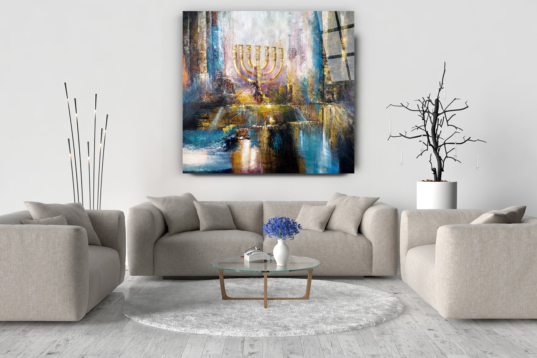 The Menorah - Modern Jewish Art Print by Yossi Bitton, showcasing an abstract Menorah from the Beit Hamikdash, displayed prominently in a living room setting.