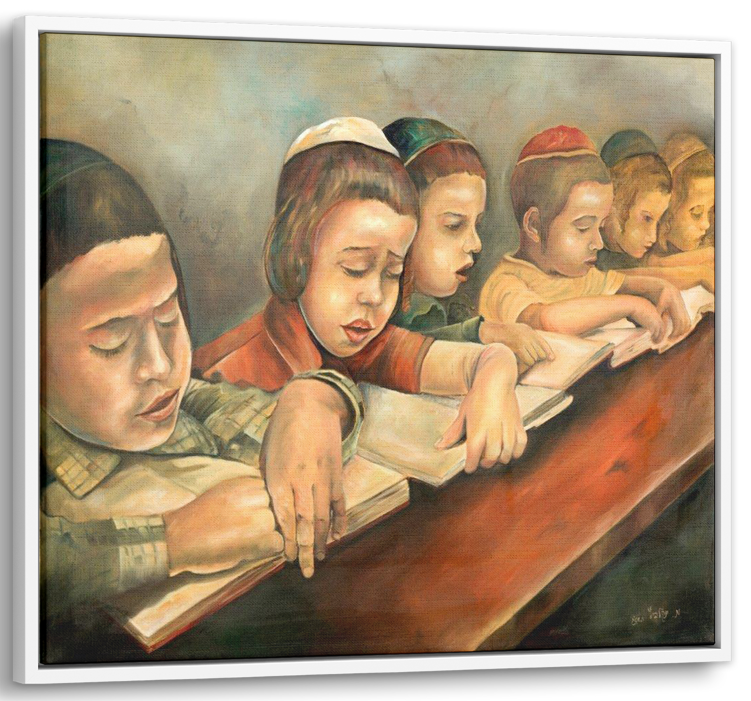Jewish children reading Torah in a 28x28 painting, highlighting Jewish educational values, perfect for Judaica art collections.