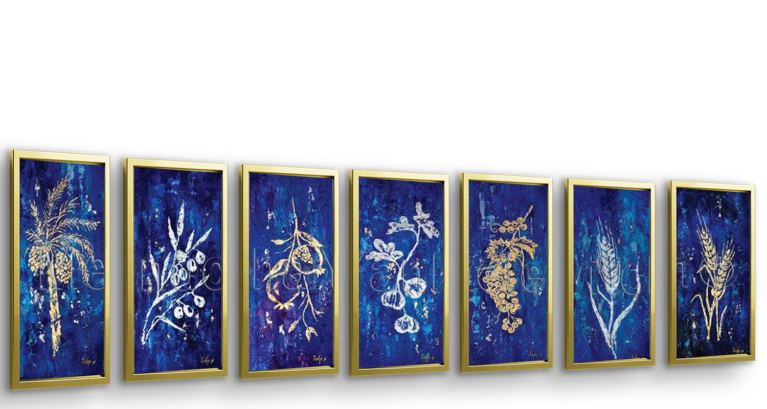 Seven Species in Gold & Silver - 31x15\ Judaica Art Series featuring paintings of Jewish symbols on a blue background, ideal for enhancing Jewish home decor.
