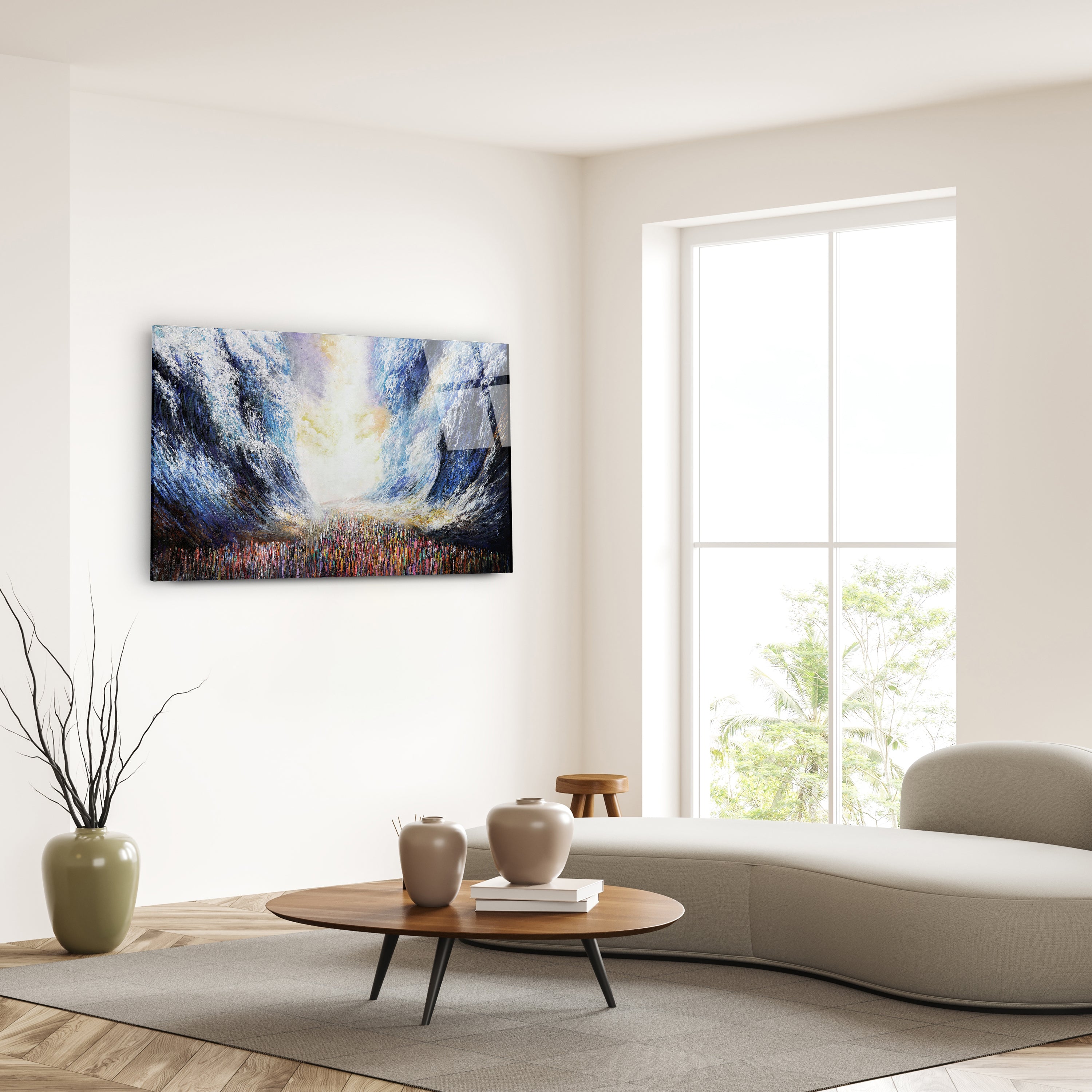 Splitting of the Sea - Dramatic Red Sea Crossing - Modern Jewish Art Print by Yossi Bitton, displayed above a couch in a contemporary living room setting.