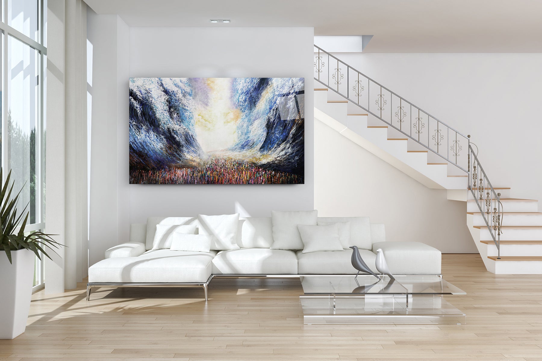 Splitting of the Sea - Dramatic Red Sea Crossing - Modern Jewish Art Print by Yossi Bitton displayed on a wall above a white couch and glass coffee table.