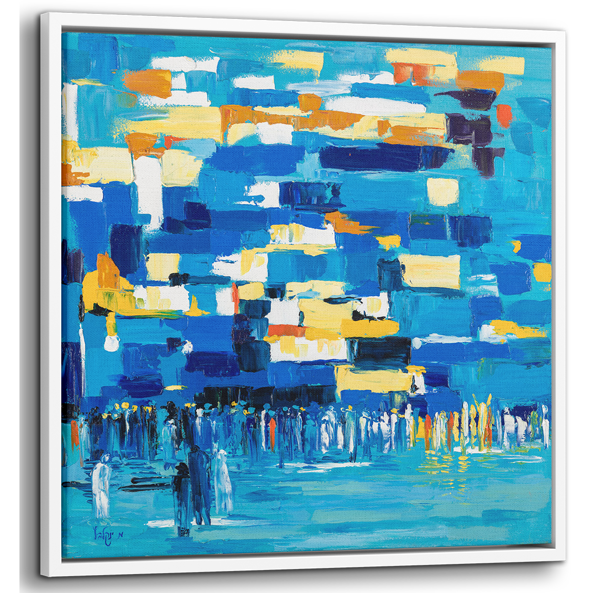 Blue Abstract Western Wall Art - 31x31 Judaica Canvas, depicting a crowd in an abstract style, in soothing blue tones, capturing spiritual essence and tranquility.