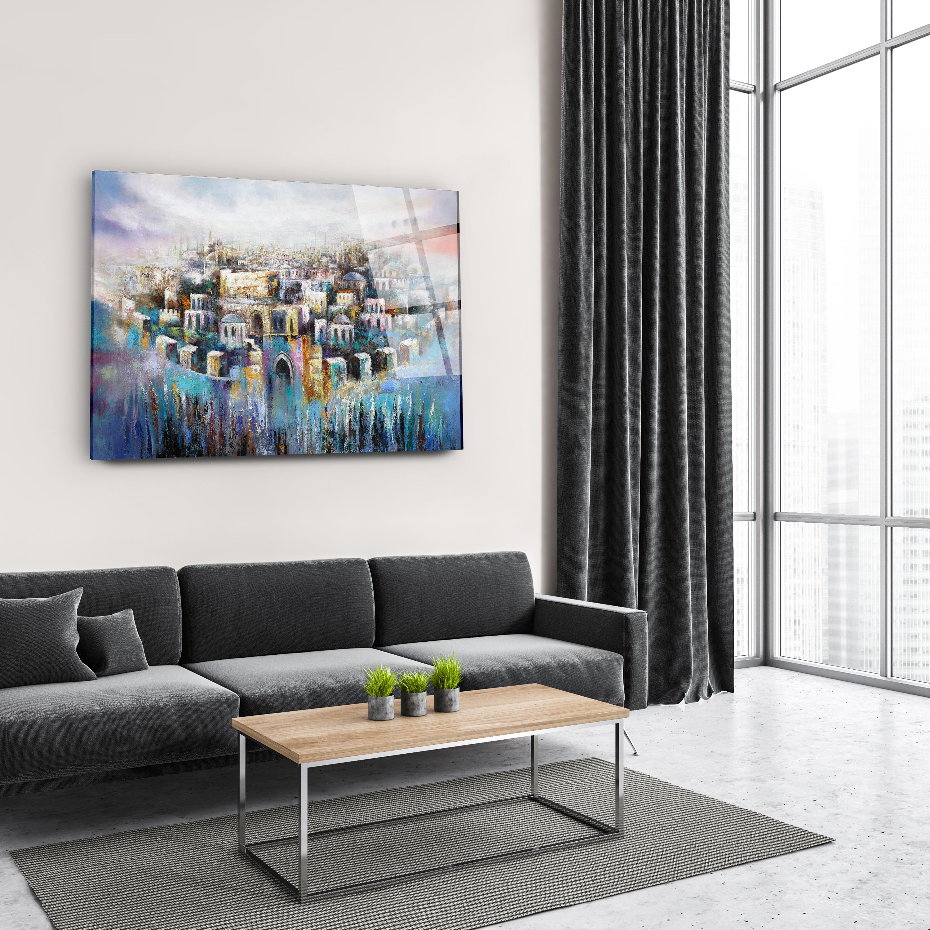 Jerusalem in Heart by Yossi Bitton: Abstract depiction of Jerusalem's old city in blue and purple, displayed above a couch. Modern Jewish art in acrylic glass.