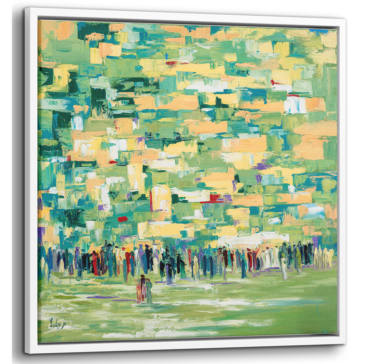 Green Tones Western Wall Abstract - 35x35 Modern Judaica Canvas depicting a crowd, symbolizing spiritual renewal and tranquility through contemporary art.