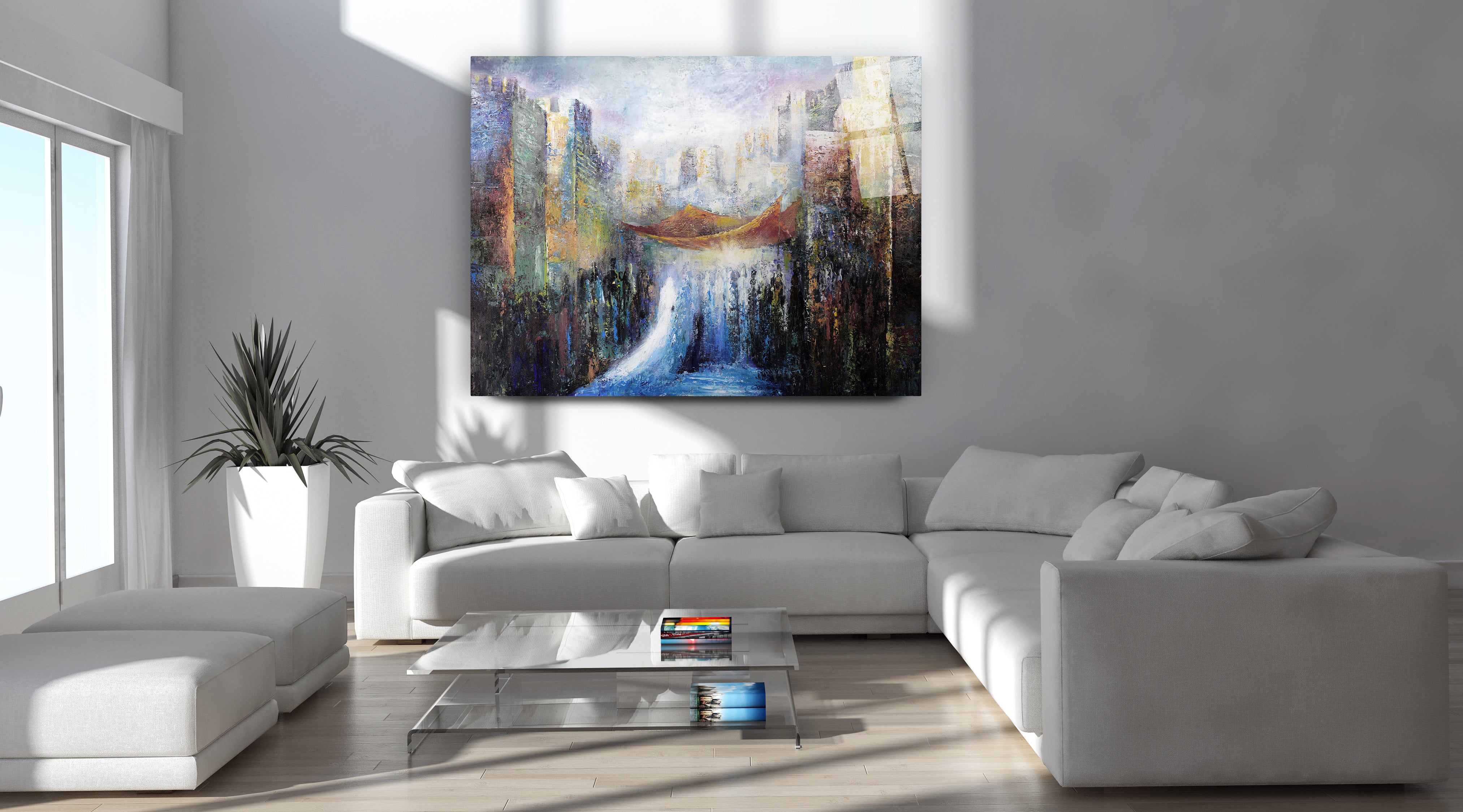 Wedding in Jerusalem - Jewish Chuppa Ceremony Art by Yossi Bitton displayed in a modern living room, featuring a white couch and glass coffee table.