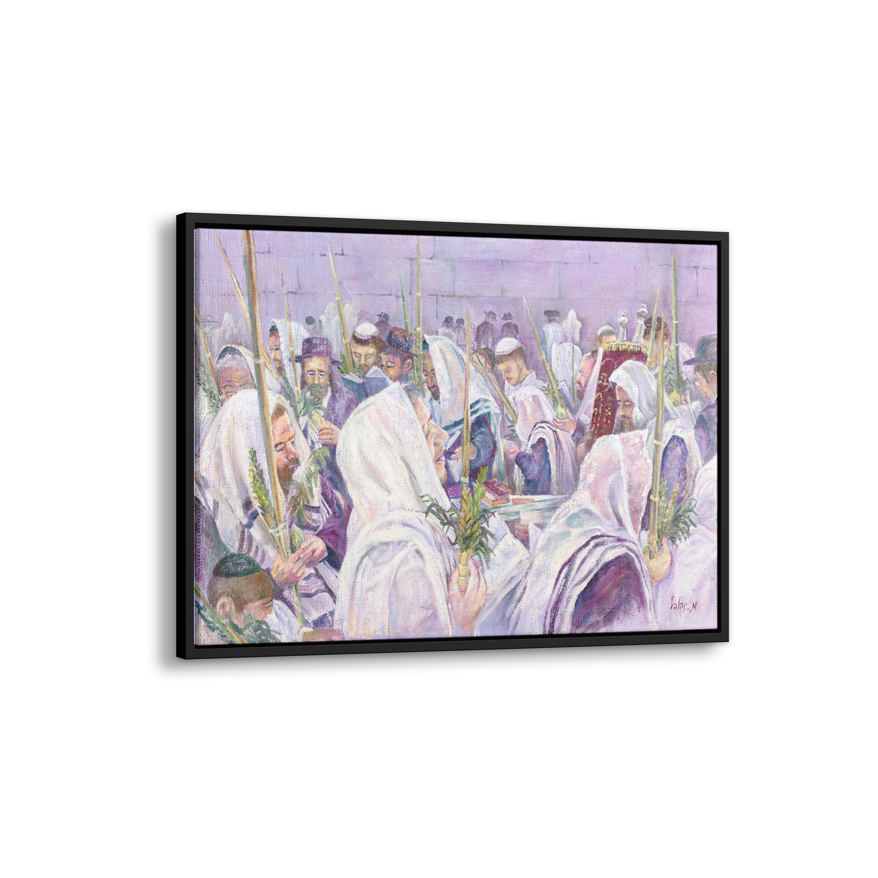 Hoshana Raba at Western Wall Art - 35x24, depicting worshipers in white robes holding four species during prayers, captures vibrant Jewish celebration.