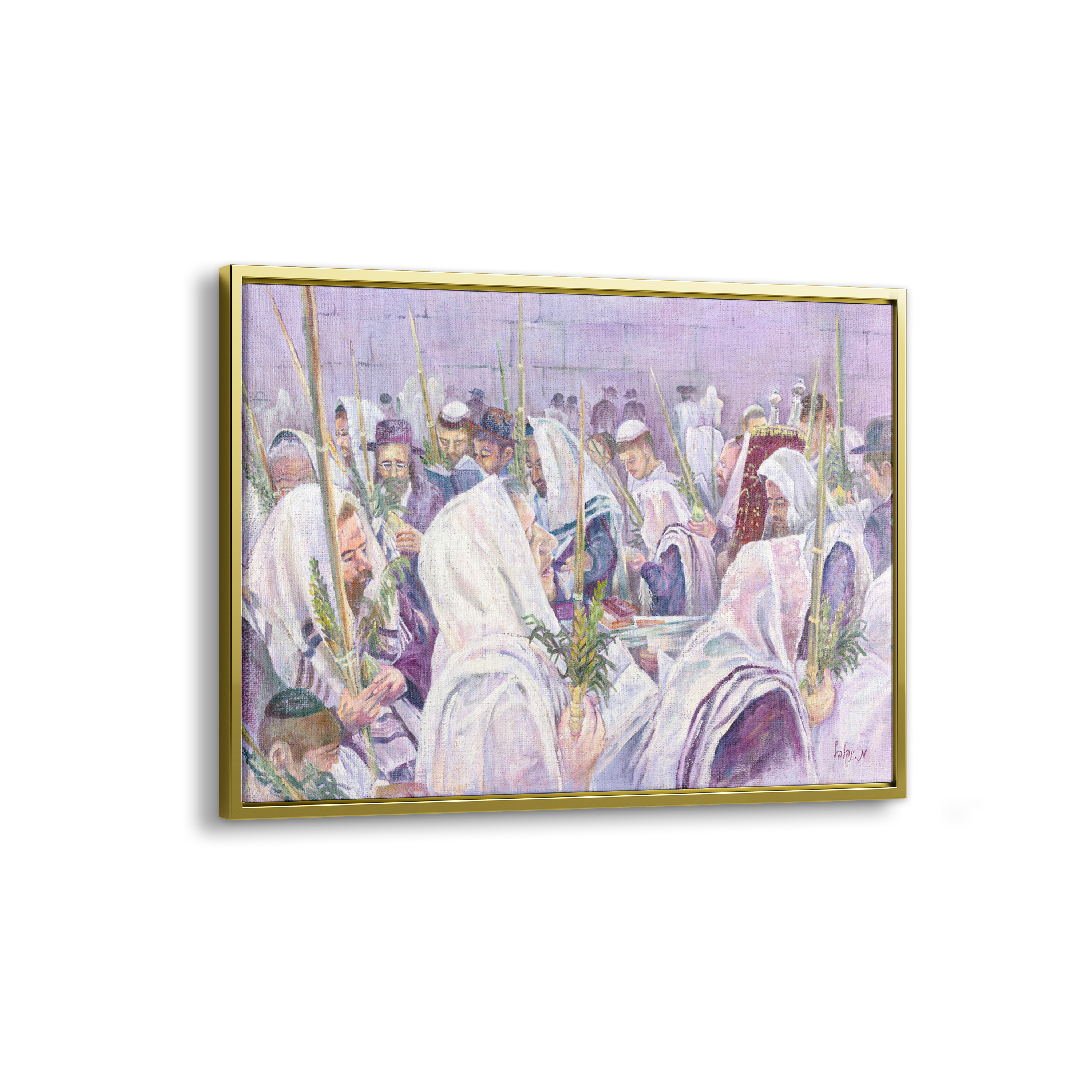 Hoshana Raba at Western Wall Art - 35x24, depicting worshipers in white robes holding four species, capturing a vibrant Jewish prayer scene.