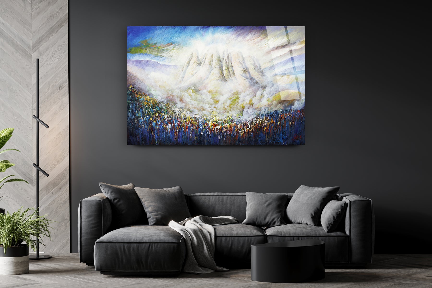 Matan Torah - Mount Sinai Torah Giving - Modern Jewish Art Print by Yossi Bitton, depicting the Giving of the Torah, displayed above a couch.