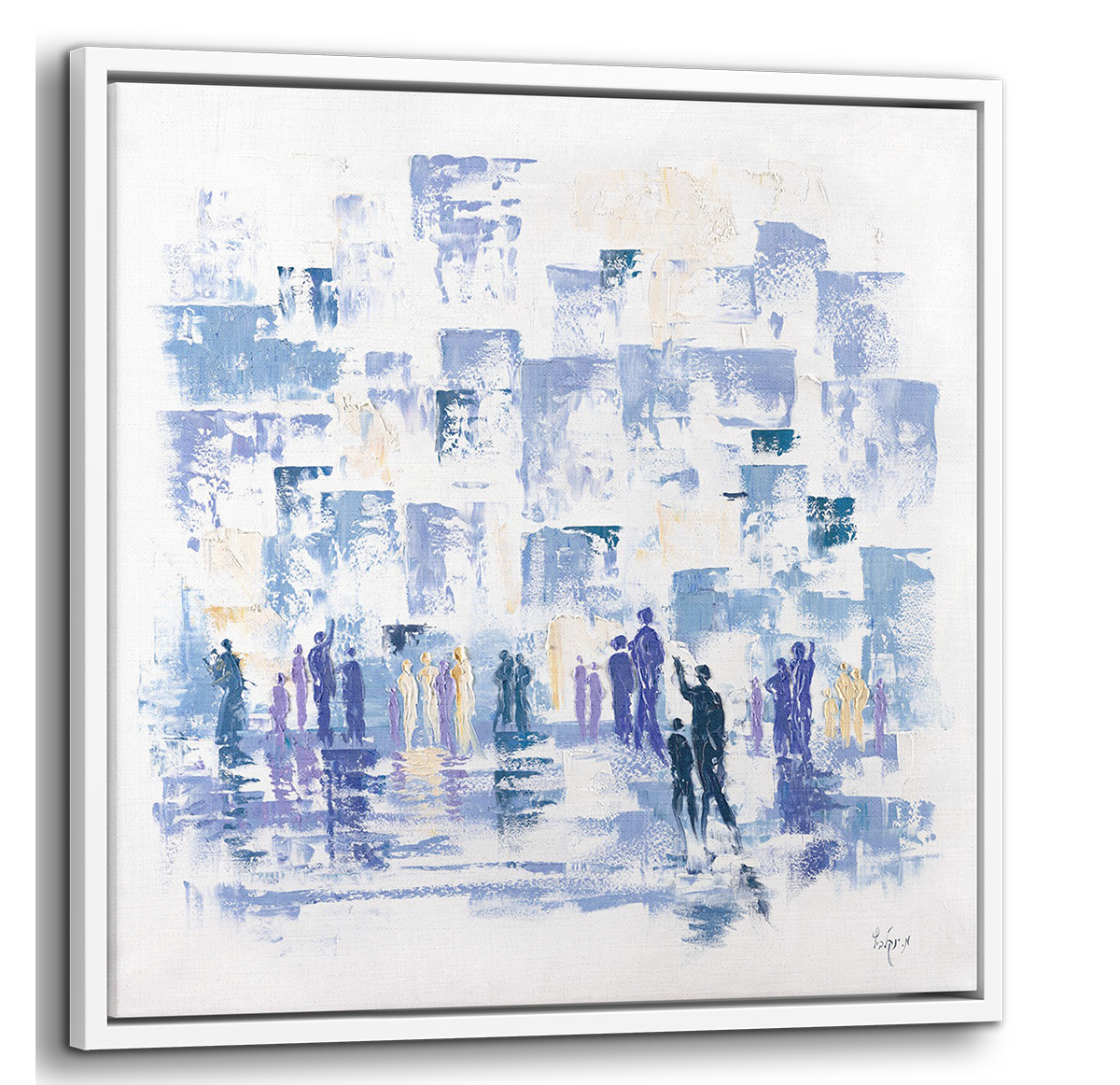 Modern Western Wall Abstract - 35x35 Blue & White Judaica Canvas, depicting an abstract cityscape with figures, reflecting Jewish spirituality in contemporary art style.