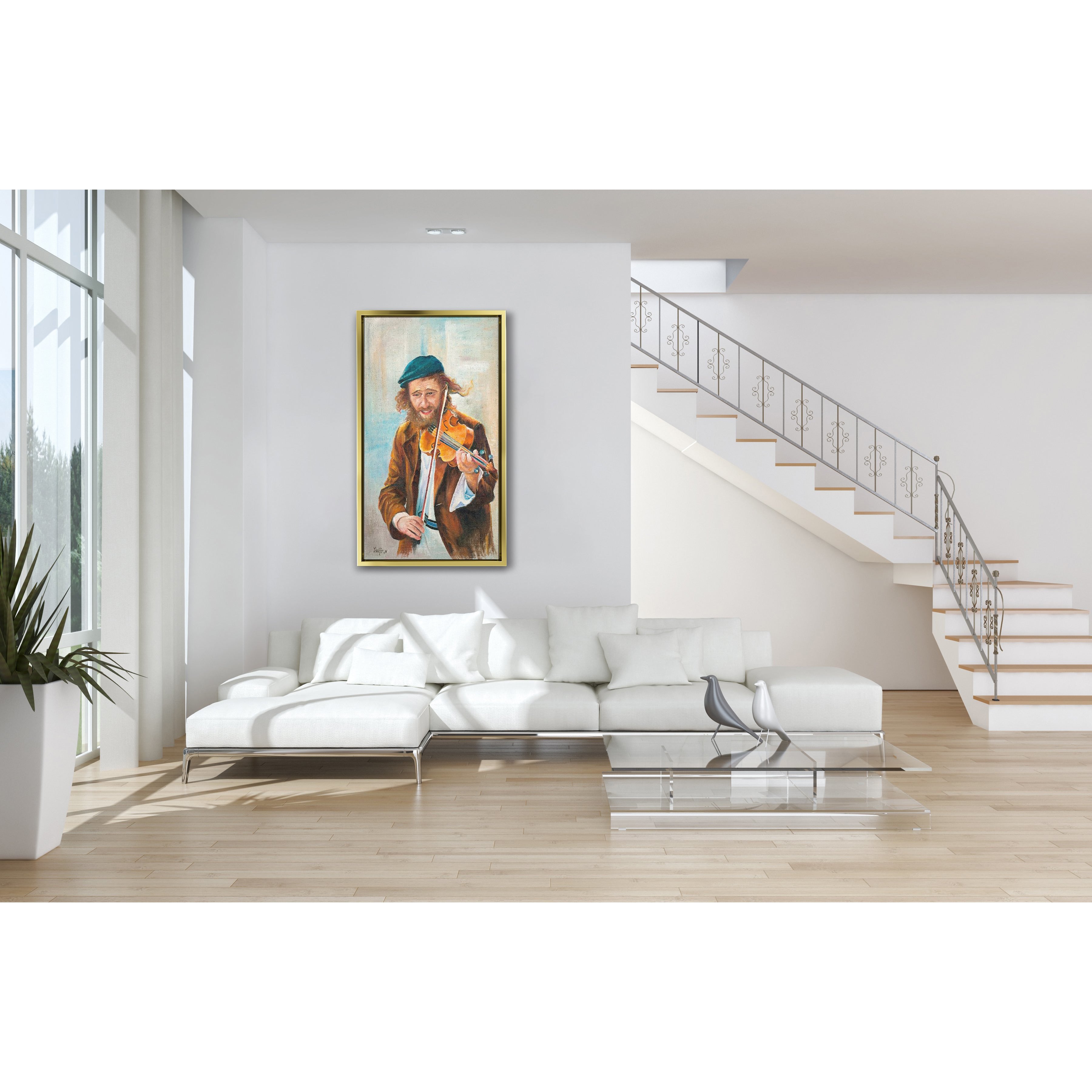 Jewish Violinist Art - 31x18 Musical Expression Canvas, depicting a violinist, elegantly enhances Jewish cultural decor in a sophisticated interior setting.