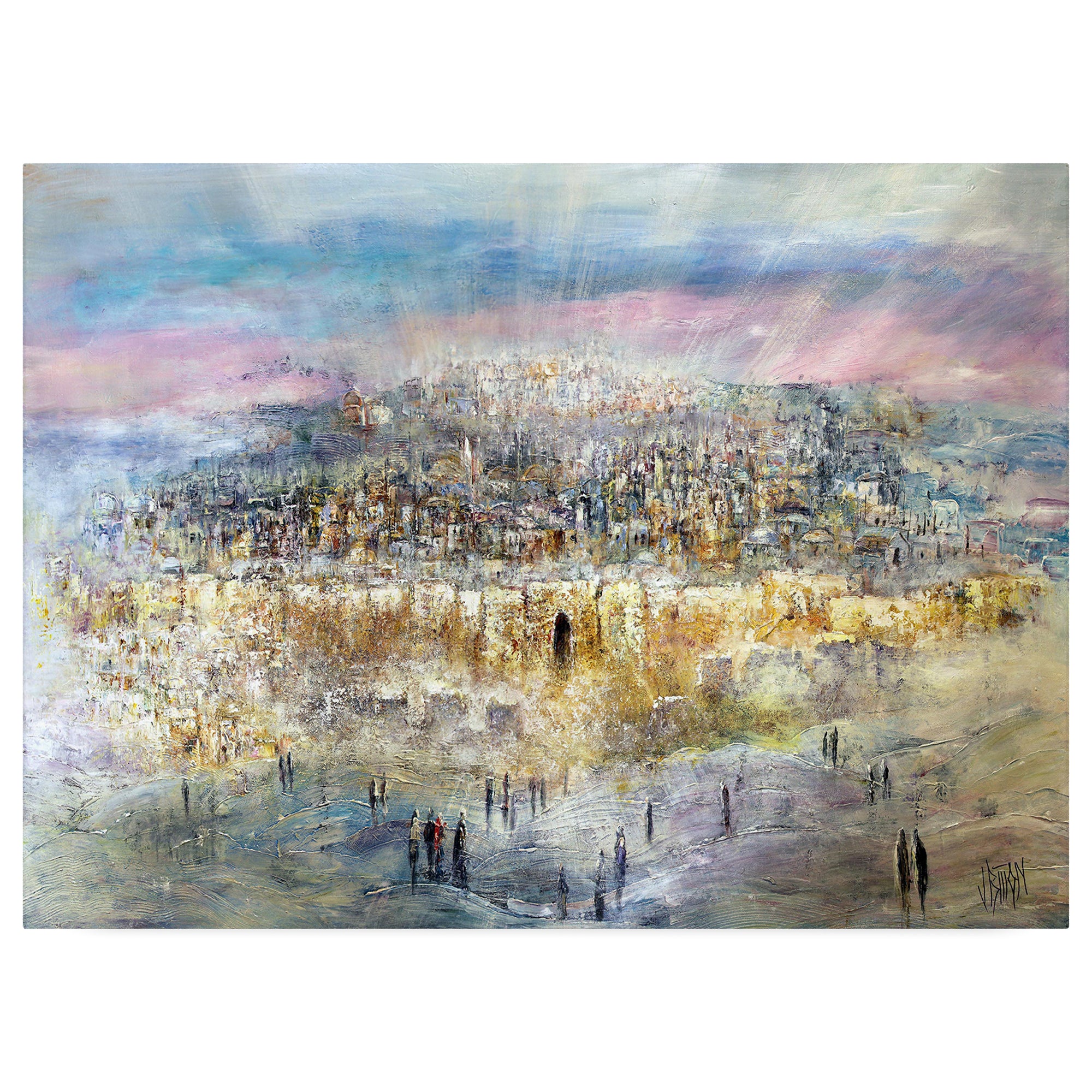 Glorious Jerusalem - Colorful Cityscape Art Print by Yossi Bitton, showcasing vibrant modern Jewish art on durable acrylic glass, ready to enhance any space.