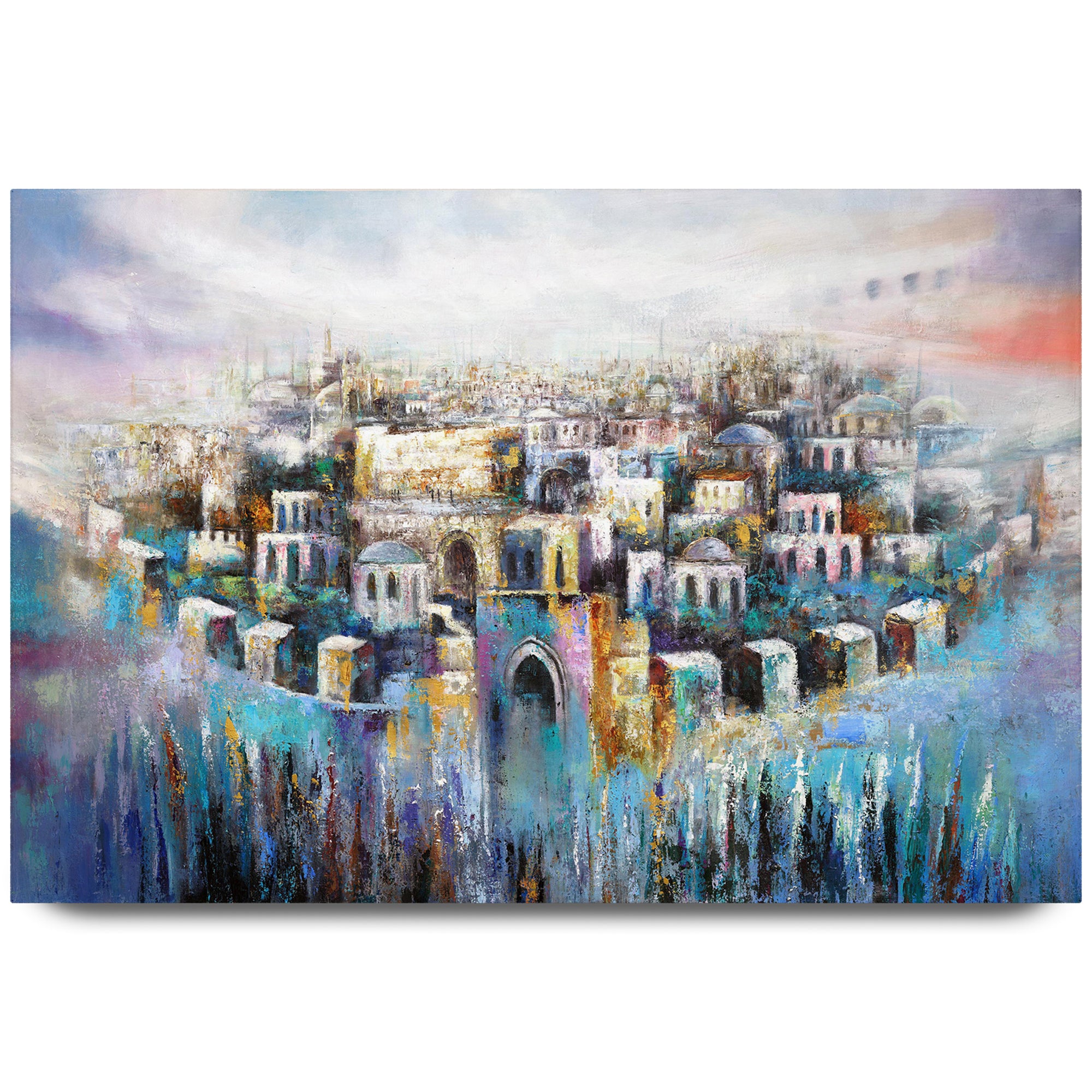 Jerusalem in Heart by Yossi Bitton: Abstract portrayal of Jerusalem's old city in blues and purples, modern Jewish art on acrylic glass.