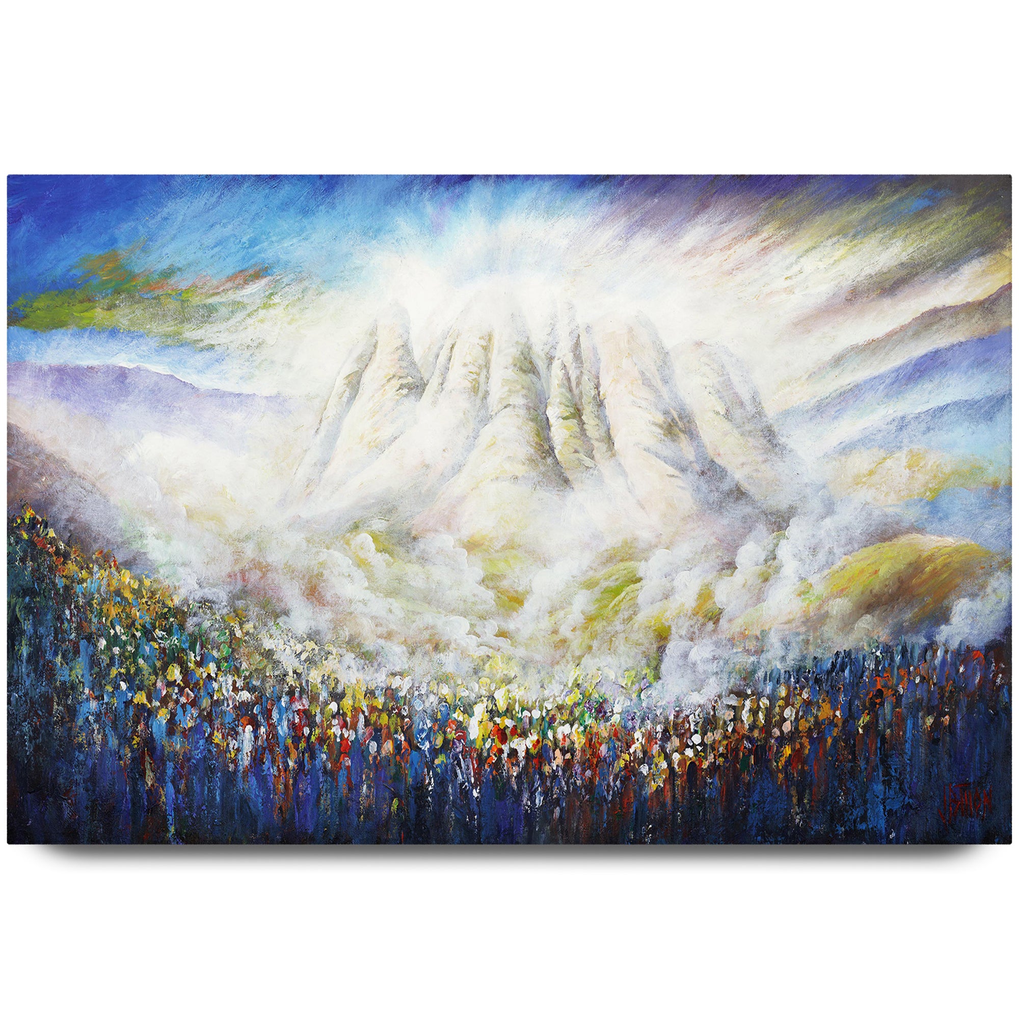 Matan Torah - Mount Sinai Torah Giving - Modern Jewish Art Print by Yossi Bitton, depicting the Giving of the Torah at Mount Sinai in vivid detail.