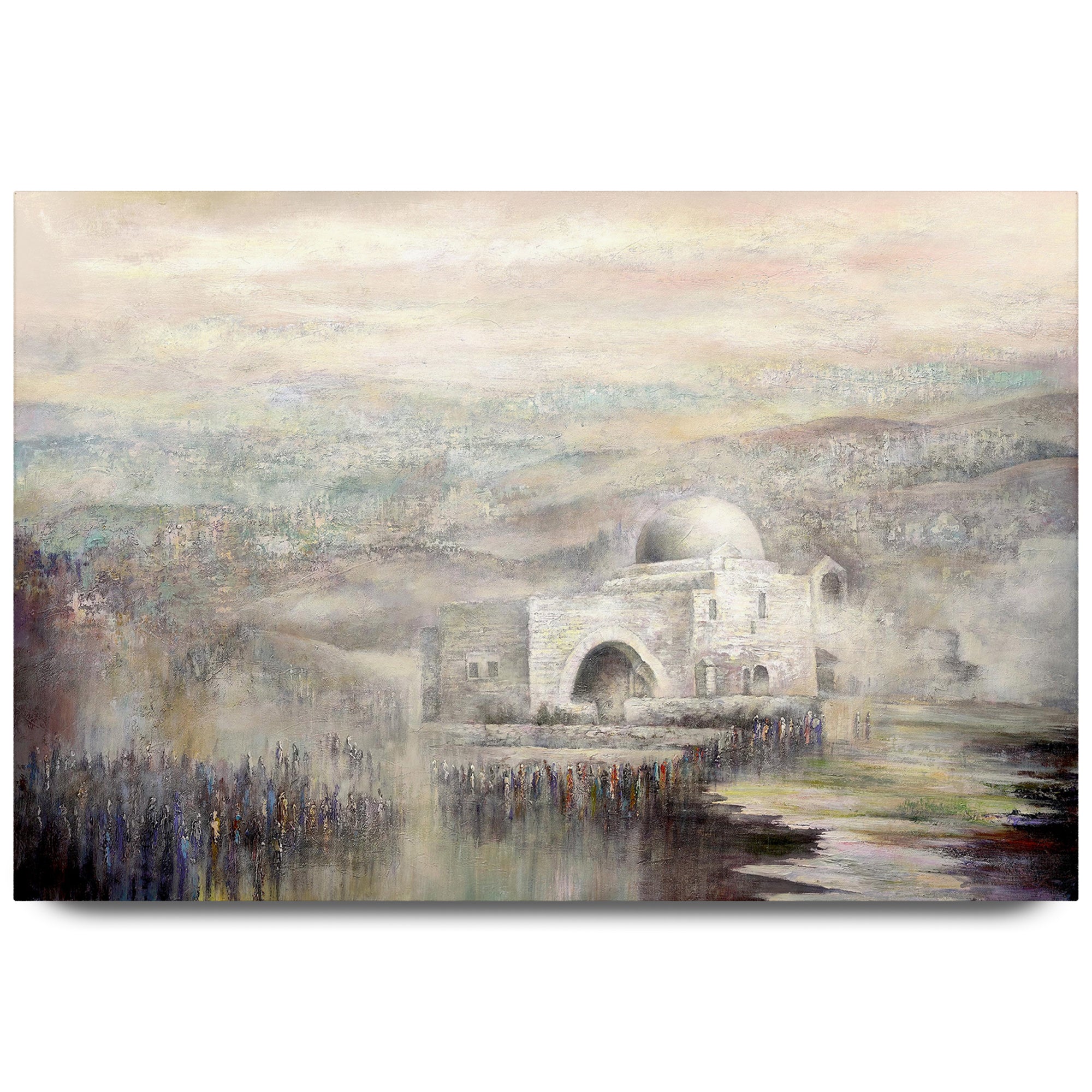 Rachel Tomb - Black and White Jewish Art Print by Yossi Bitton, depicting Israel's sacred site with a dome and people, perfect for Jewish wall decor.