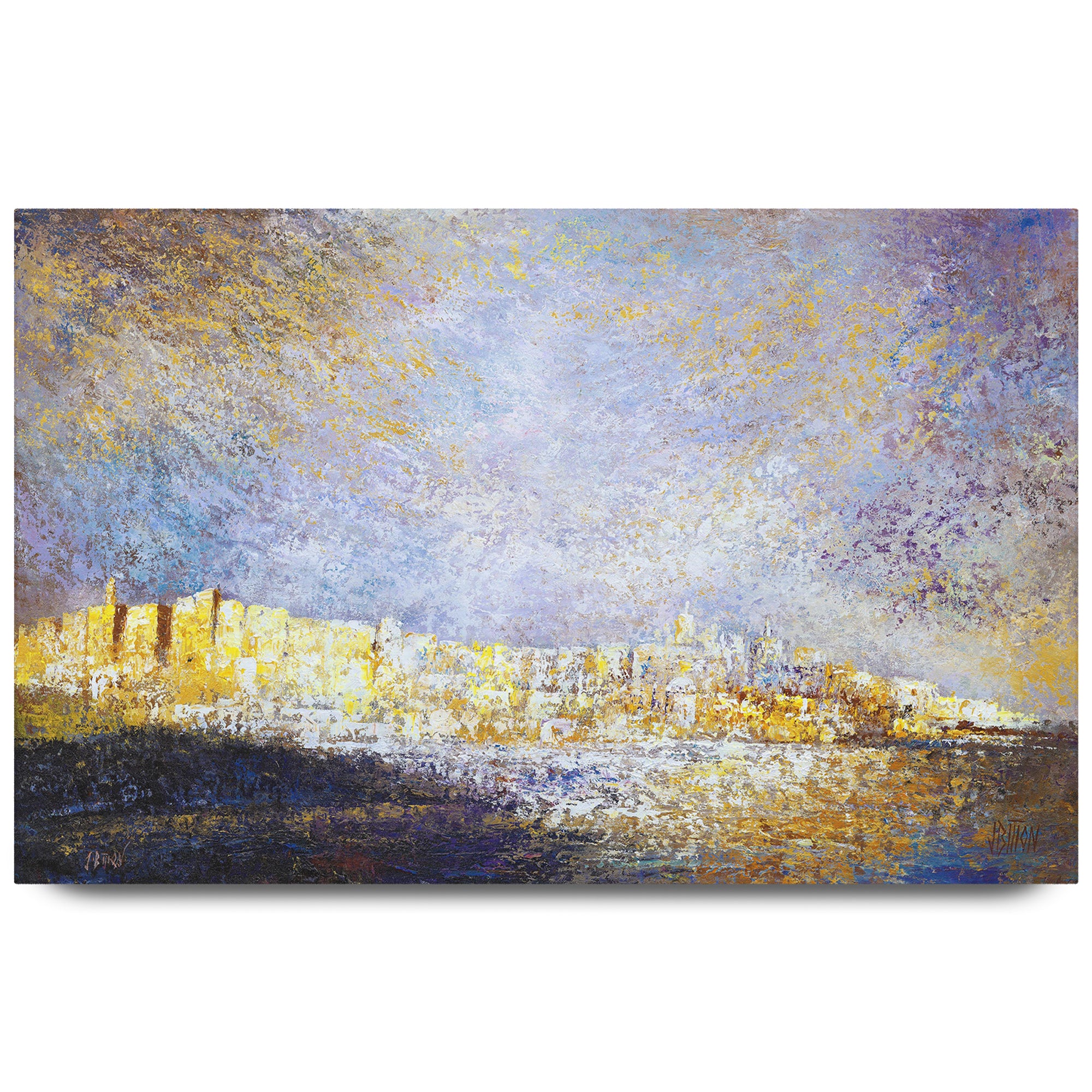 Jerusalem in Gold: Colorful Jewish Art Print of Jerusalem Walls by Yossi Bitton, showcasing gold tones on durable acrylic, enhancing Jewish decor.