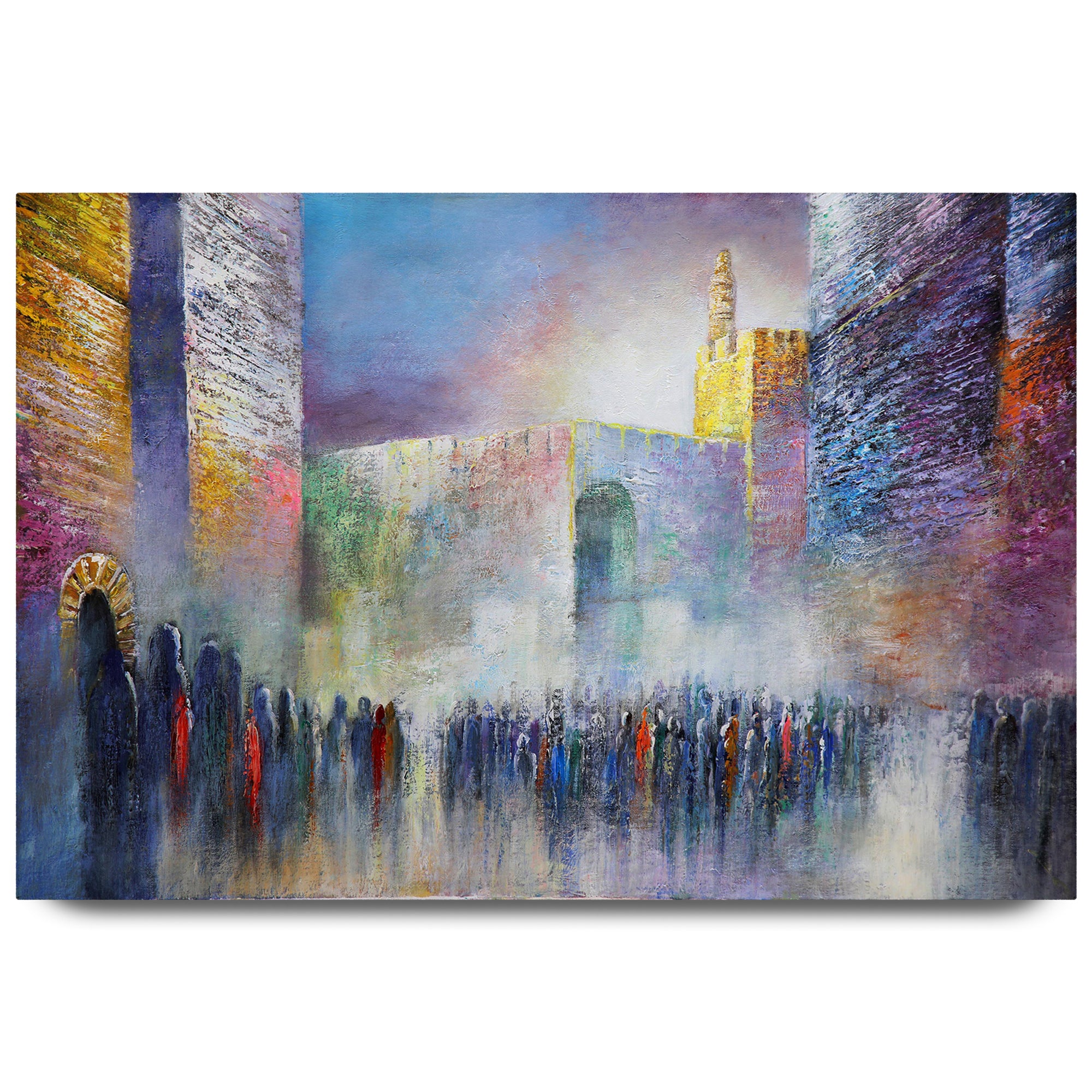 The Road to the Western Wall - Jerusalem Streets Art Print by Yossi Bitton, depicting a vibrant city crowd and landmarks like the Tower of David.