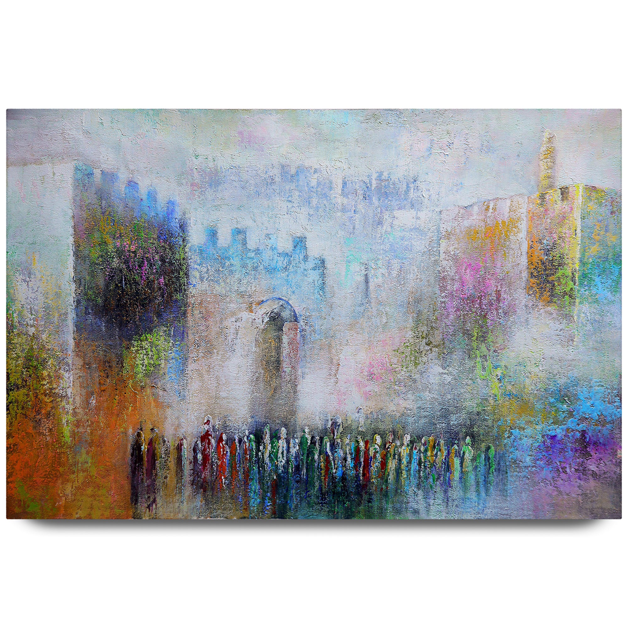Jaffa Gate: Colorful Modern Jewish Art Print by Yossi Bitton depicting a vibrant crowd scene in Jerusalem, highlighting the iconic landmark with contemporary flair.