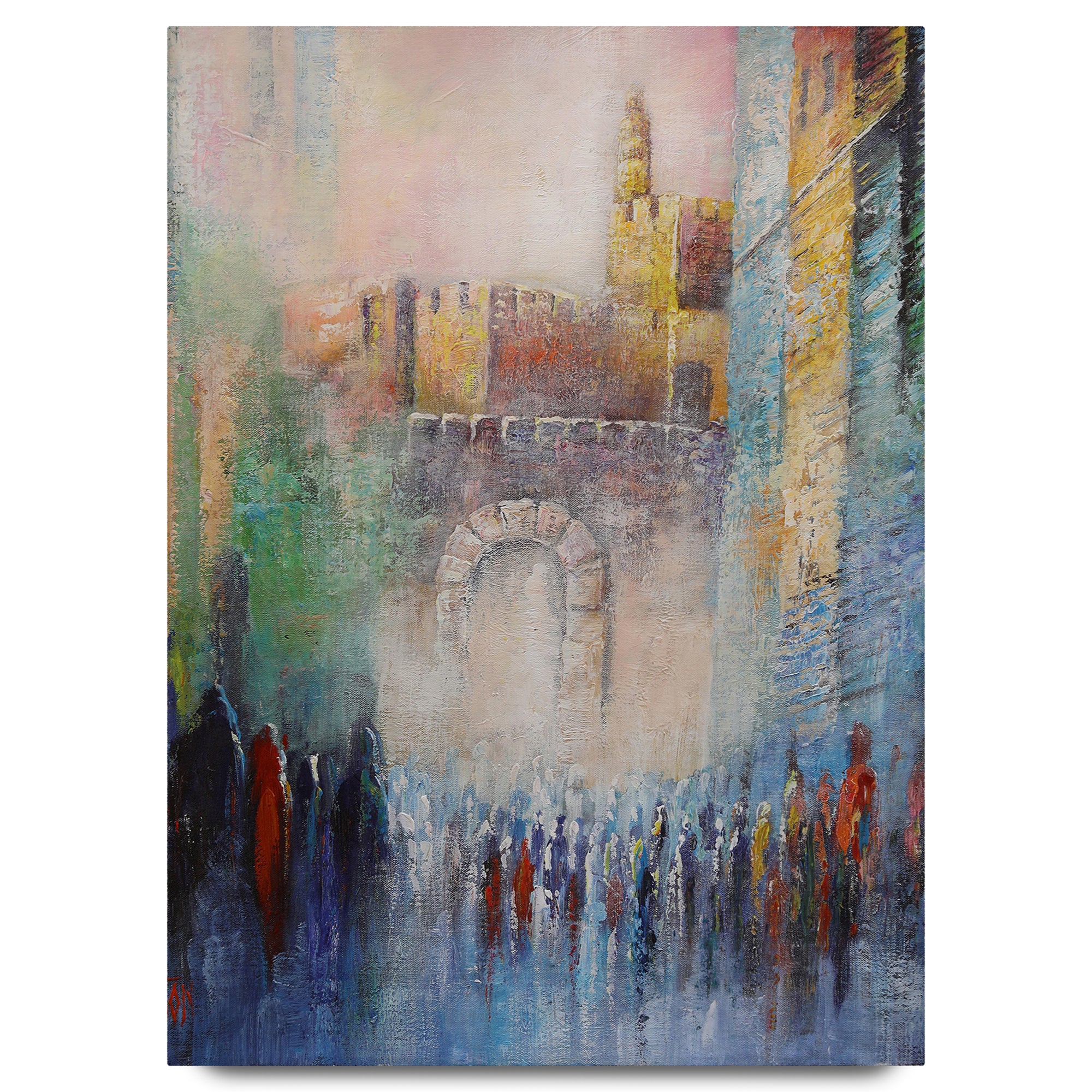 Tower of David - Colorful Jerusalem Landmark Art by Yossi Bitton, depicting a vibrant crowd scene in front of the historic landmark, crafted on durable acrylic.