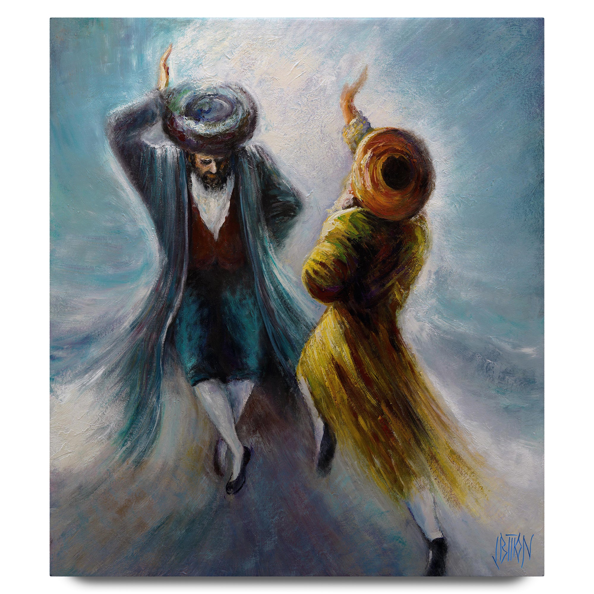 Purple and Blue Chassidic Dance Print by Yossi Bitton, depicting two Chassidim dancing, showcasing vibrant Jewish artistry for Ben Ari Art Gallery.