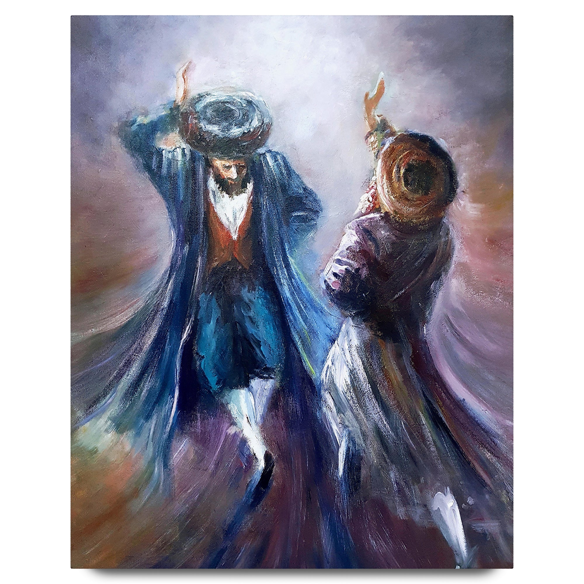 Colorful Chassidic Dance Art Print by Yossi Bitton, depicting two men joyfully dancing, embodying vibrant Jewish cultural and artistic expression.