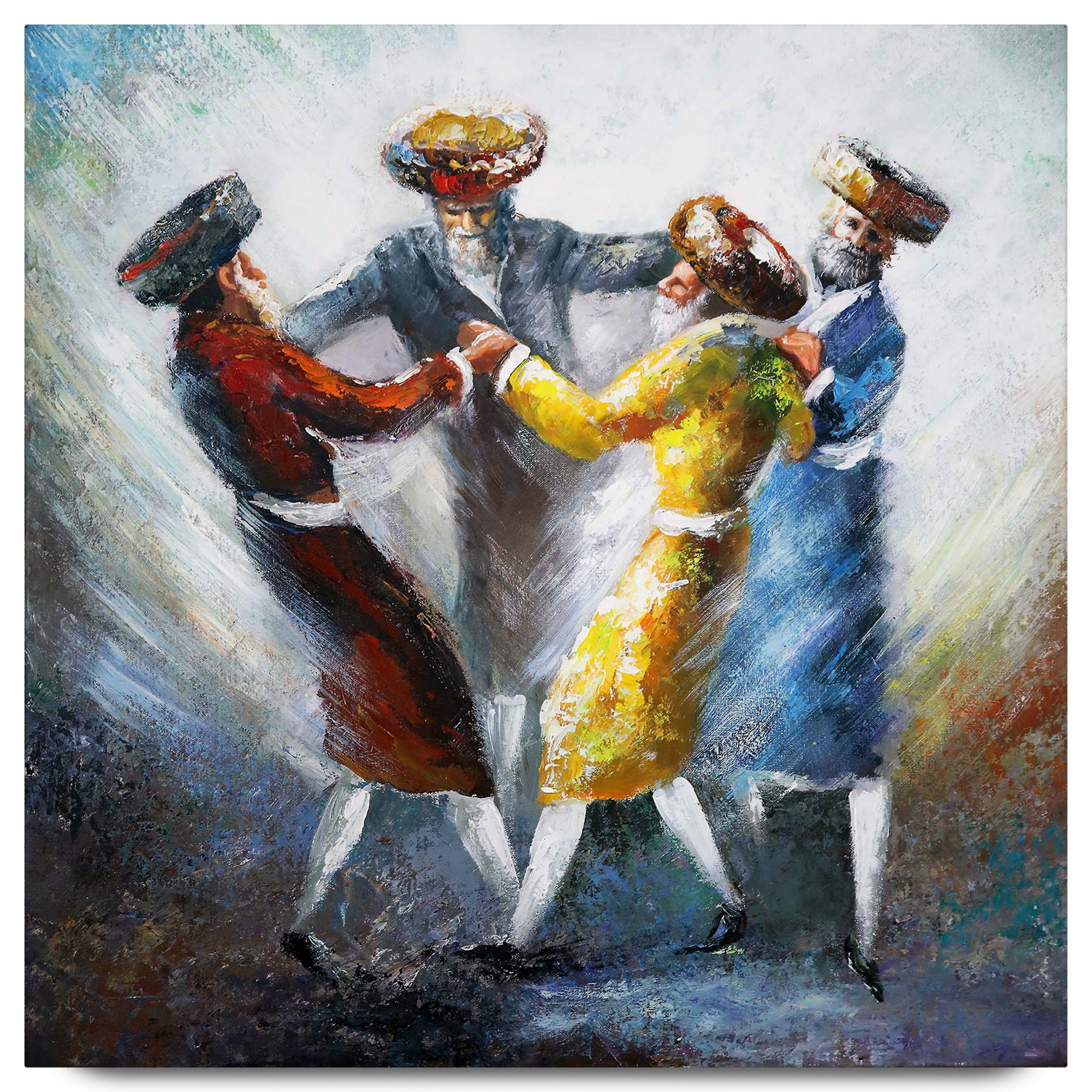Dveykus: Colorful Chassidic Dance - Modern Jewish Art Print by Yossi Bitton, showcasing Chassidic men dancing, symbolizing spiritual connection, printed on glossy acrylic glass.