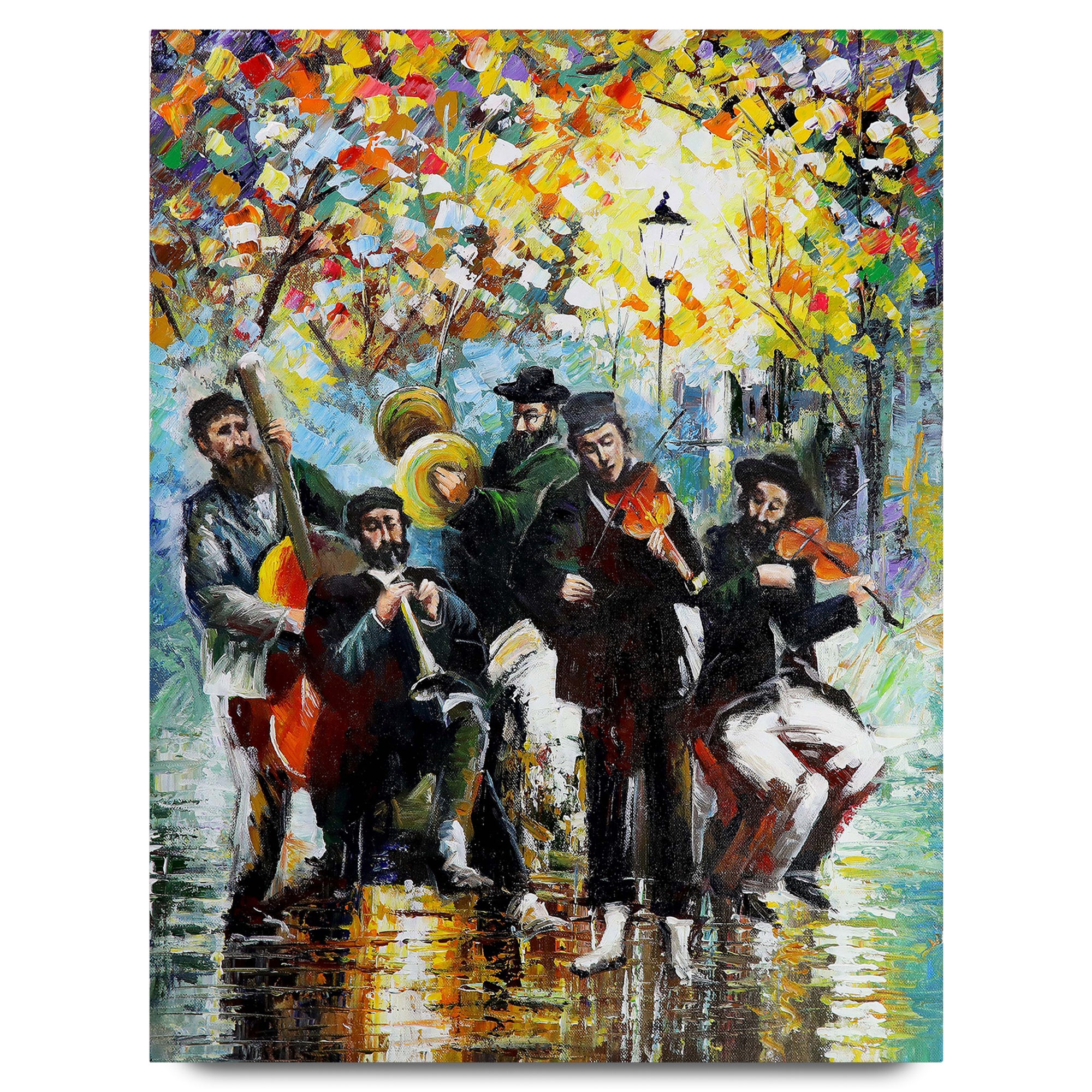 Yossi Bitton's 'Holy Melodies': Jewish band playing instruments under a tree, vibrant art print for modern Jewish decor, available at Ben Ari Art Gallery.