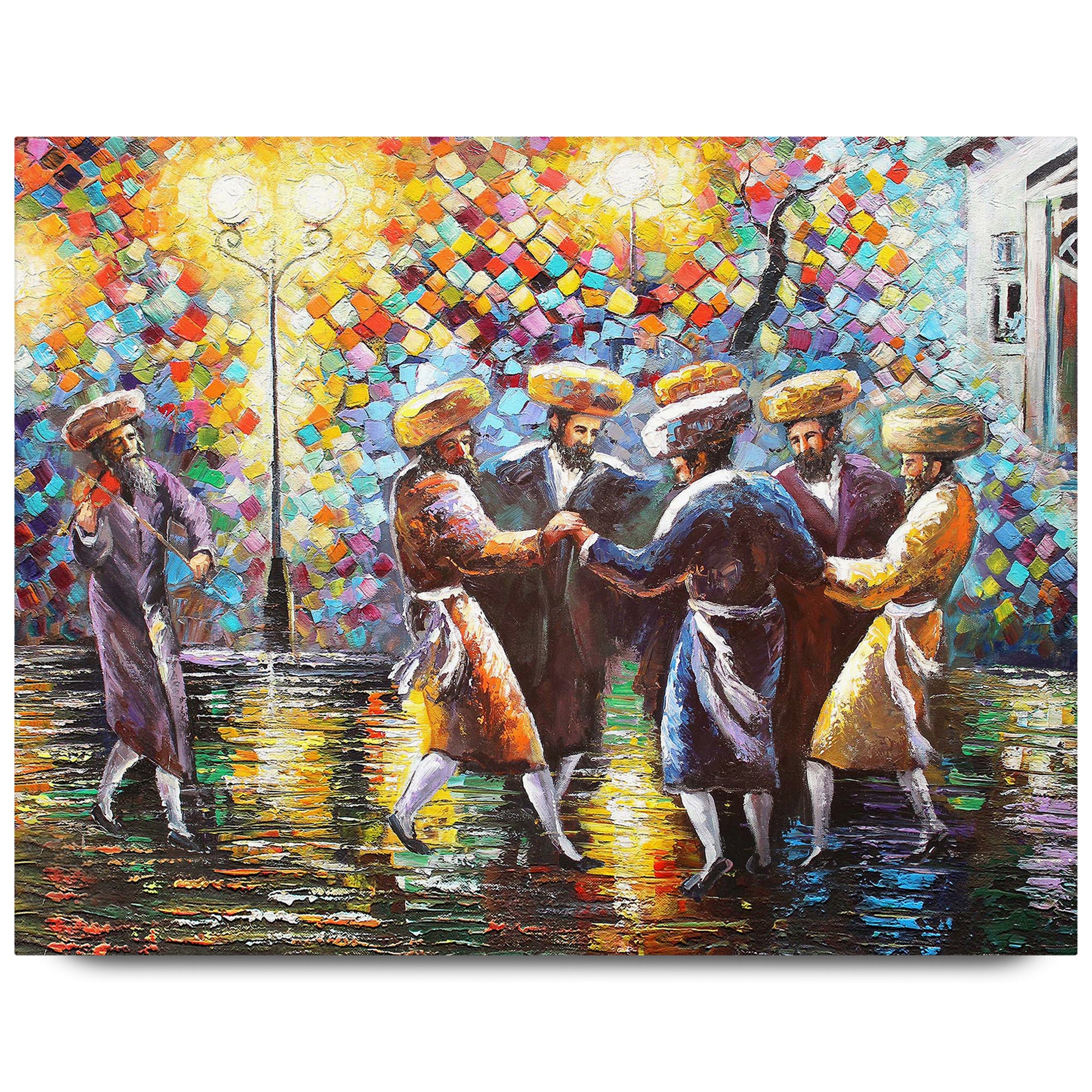 Chassidic Street Dance Art Print by Yossi Bitton depicts a vibrant scene of joy and unity among Chassidim in an urban setting, enhancing Jewish cultural spaces.