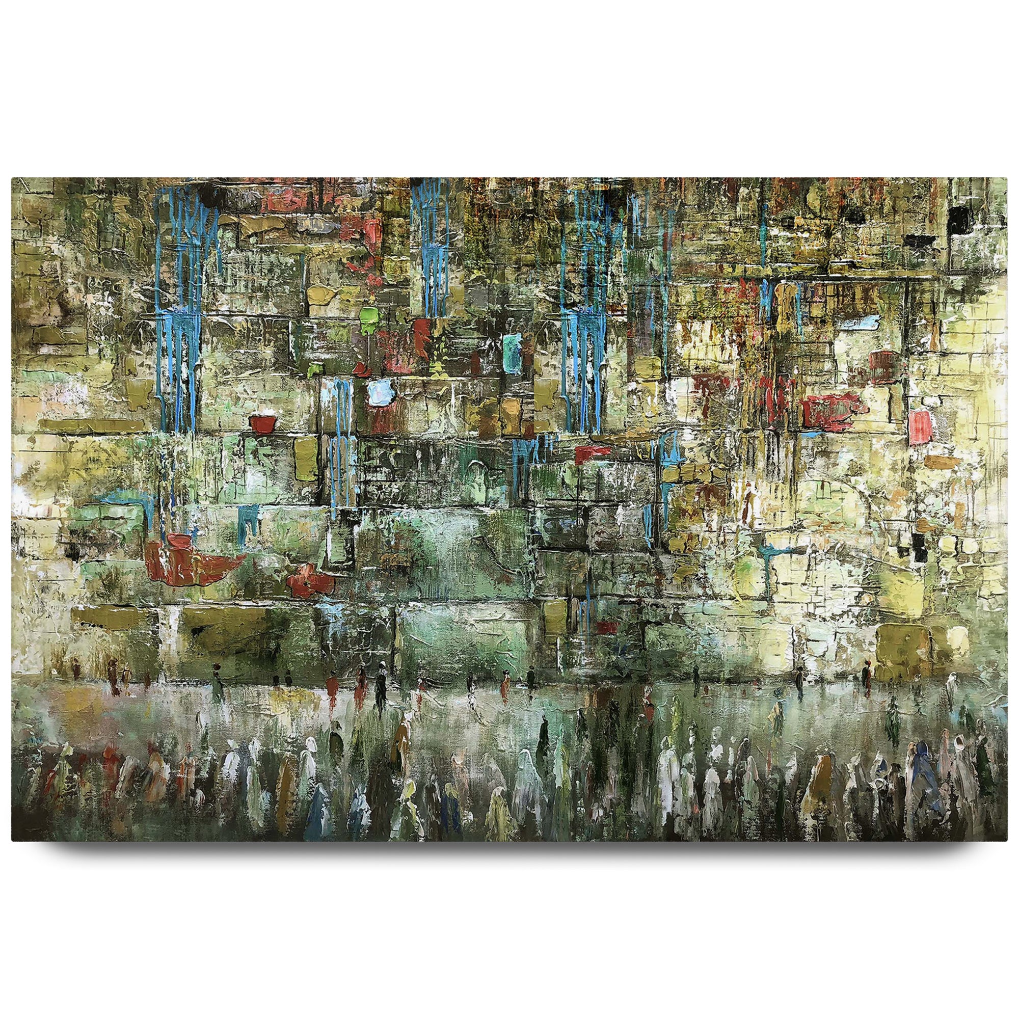 The Western Wall Metallic - Green Tones Abstract Art by Yossi Bitton, depicting an abstract view of Jerusalem's Western Wall, printed on durable acrylic.