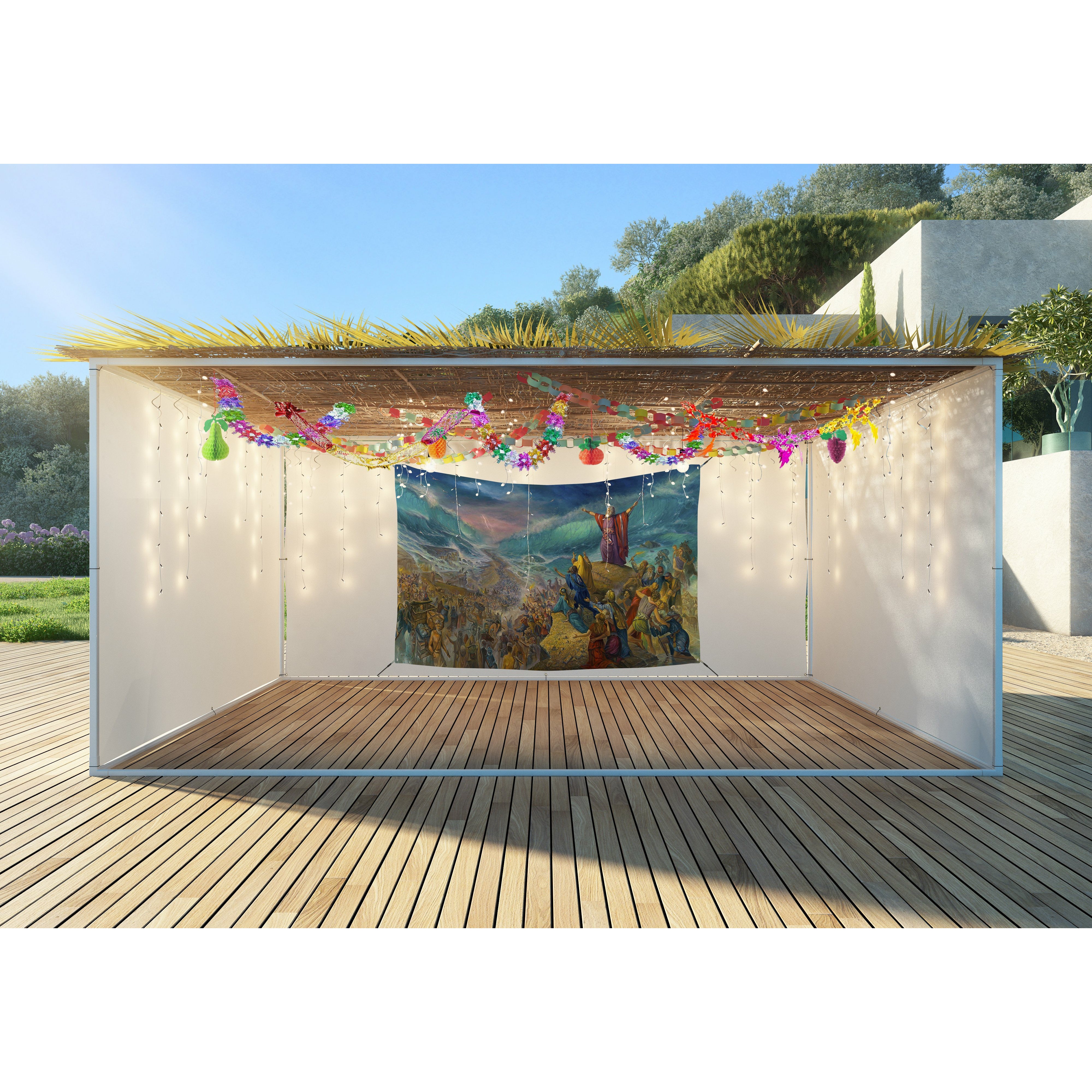 Alex Levin's Sea Crossing Fabric, 80x50 inches, features a dramatic scene of Israel's sea crossing, perfect for enhancing Sukkah decor with vibrant Jewish art.